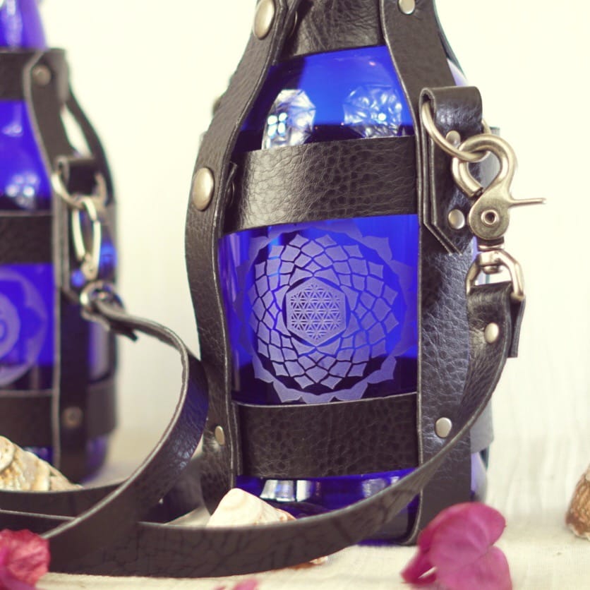 Glass Water Bottle with Vegan Leather Strap + Sand Blasted Sacred Geometry (Large) - Amritha -  - $160.99 - Maliboutique