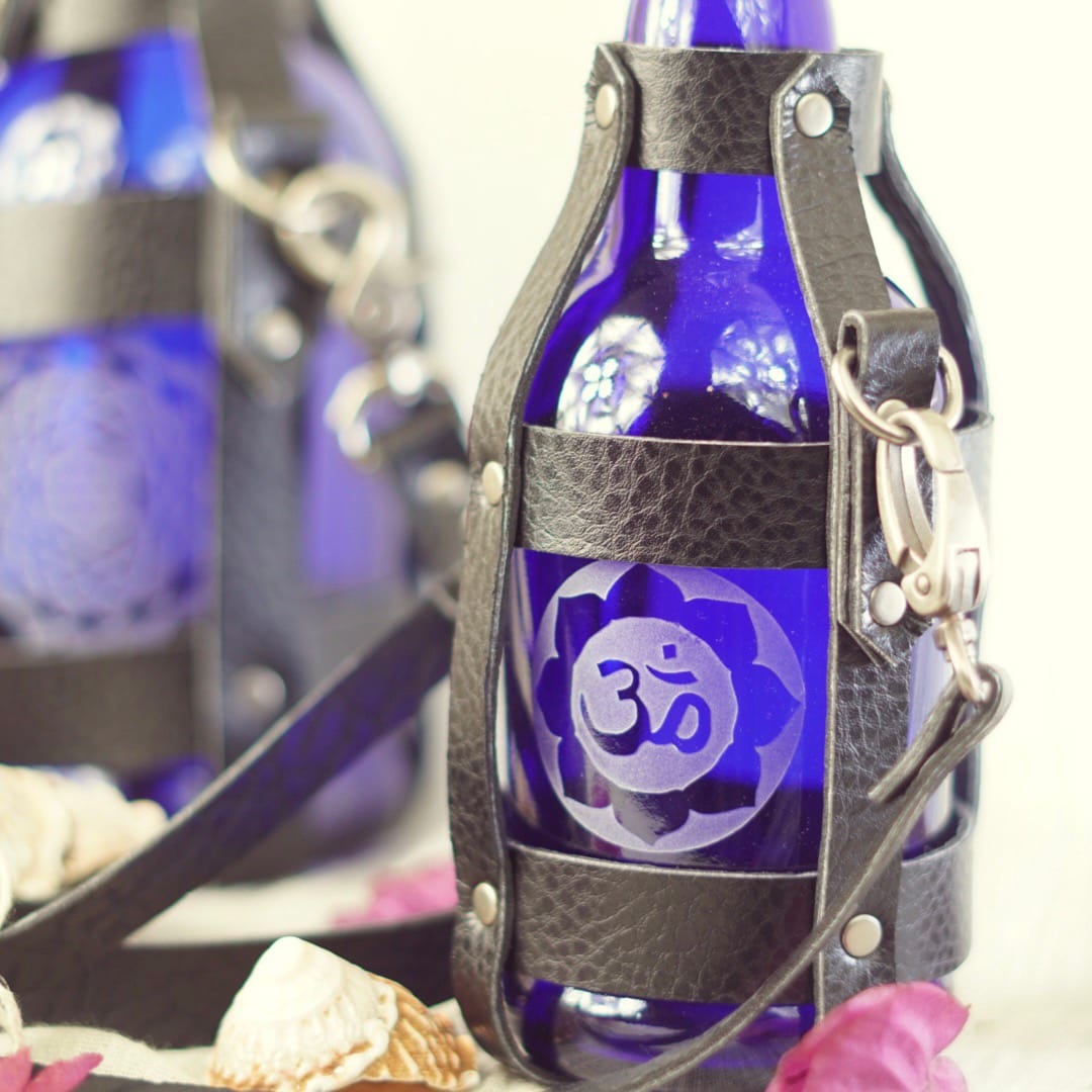 Glass Water Bottle with Vegan Leather Strap + Sand Blasted Sacred Geometry (Small) - Amritha -  - $150.99 - Maliboutique
