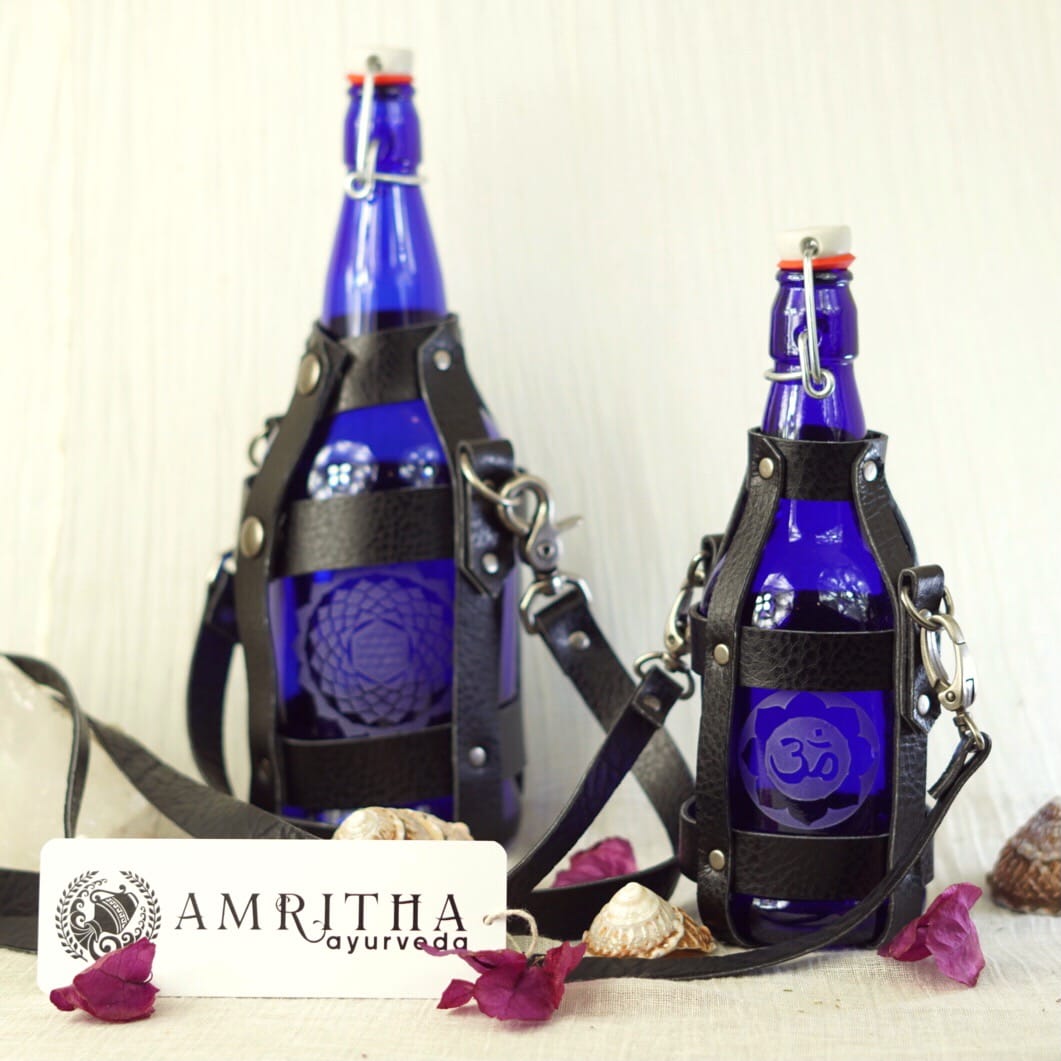 Glass Water Bottle with Vegan Leather Strap + Sand Blasted Sacred Geometry (Small) - Amritha -  - $150.99 - Maliboutique