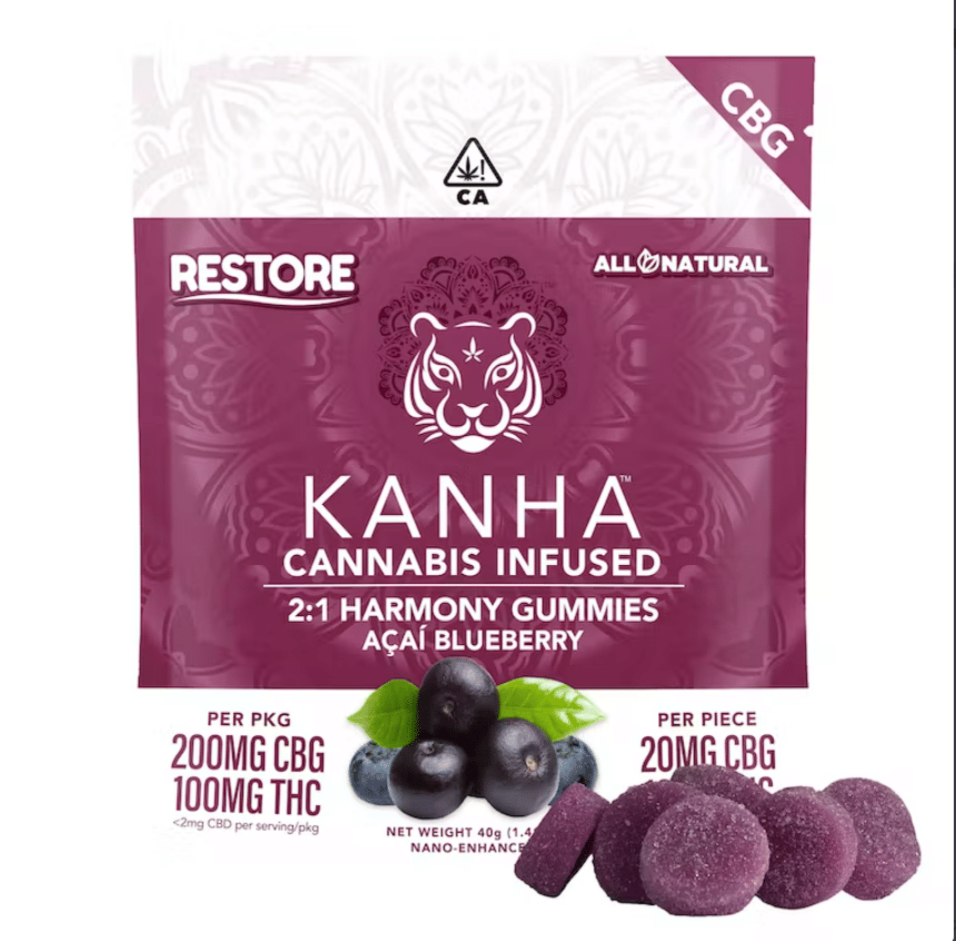 Gummies: Harmony | Acai Blueberry | 2:1 CBG:THC | 200mg CBG 100mg THC - Kanha Gummies -  - $22.50 - Edibles