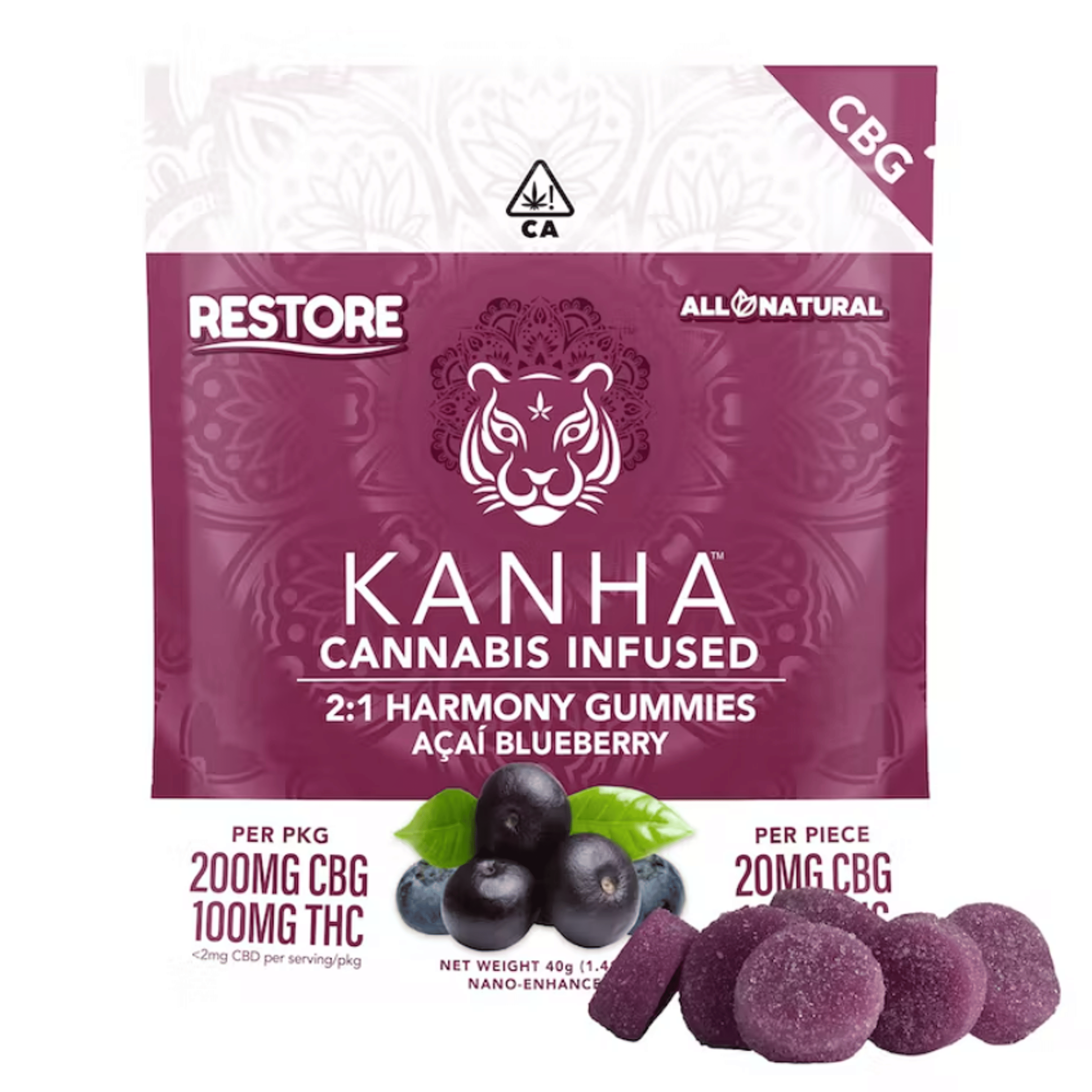 Gummies: Harmony | Acai Blueberry | 2:1 CBG:THC | 200mg CBG 100mg THC - Kanha Gummies - - $22.50 - Edibles