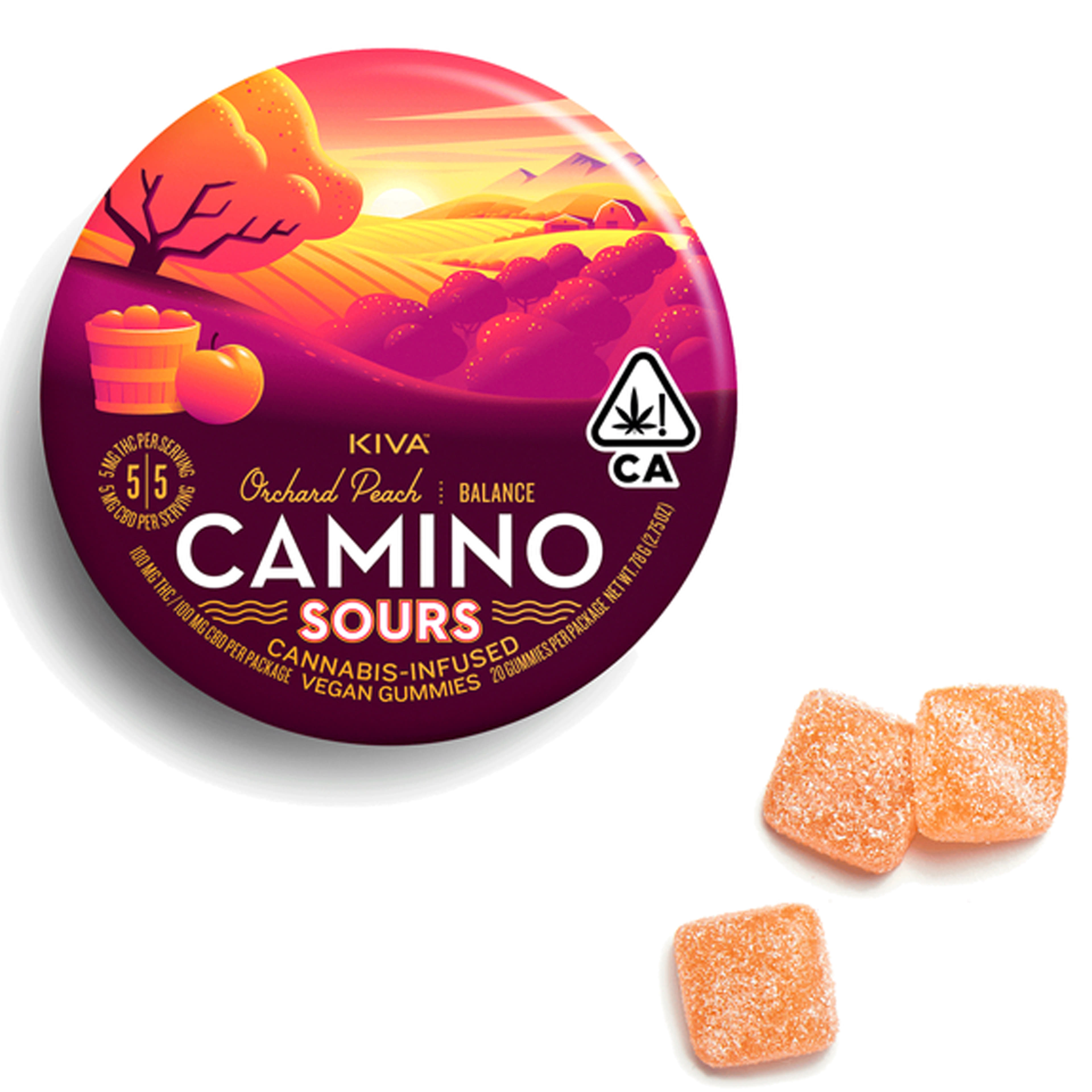 Sours Orchard Peach 1:1 10mg (H) Camino Gummies - Kiva Confections - Sours Orchard Peach 1:1 10mg (H) - $19 - Edibles