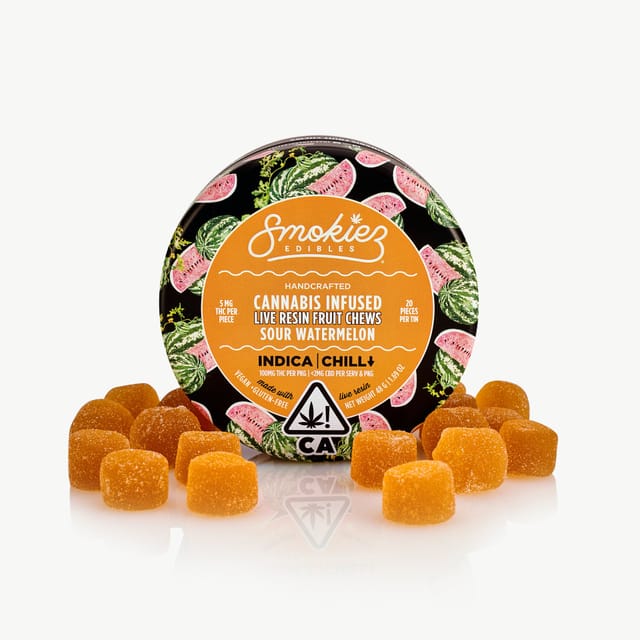 Sour Watermelon Indica 100mg THC Live Resin Fruit Chews - CA