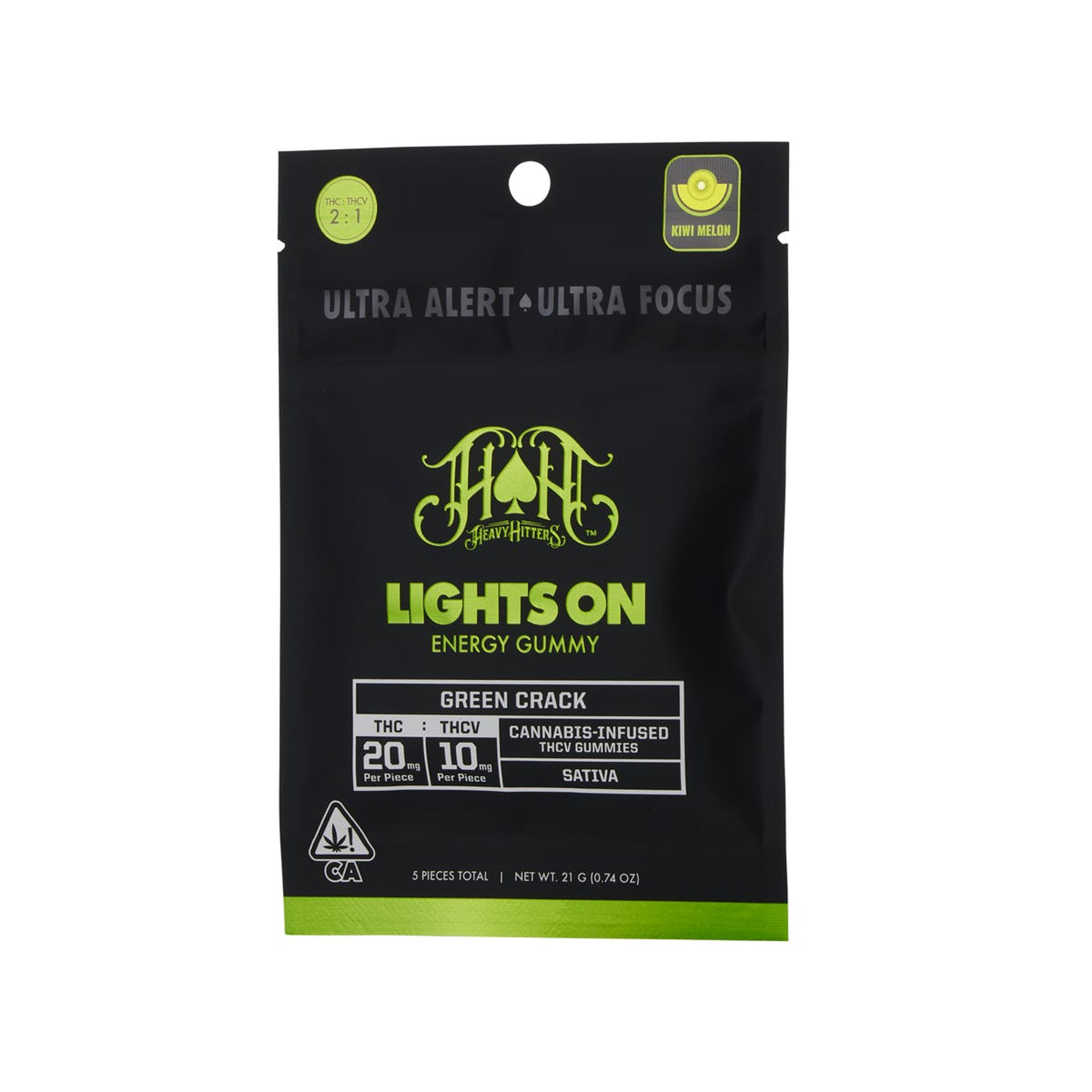 Lights On | Kiwi Melon "Green Crack" THCV Gummy - THC + 50mg THCV - 100mg - Heavy Hitters - - $19 - Edibles