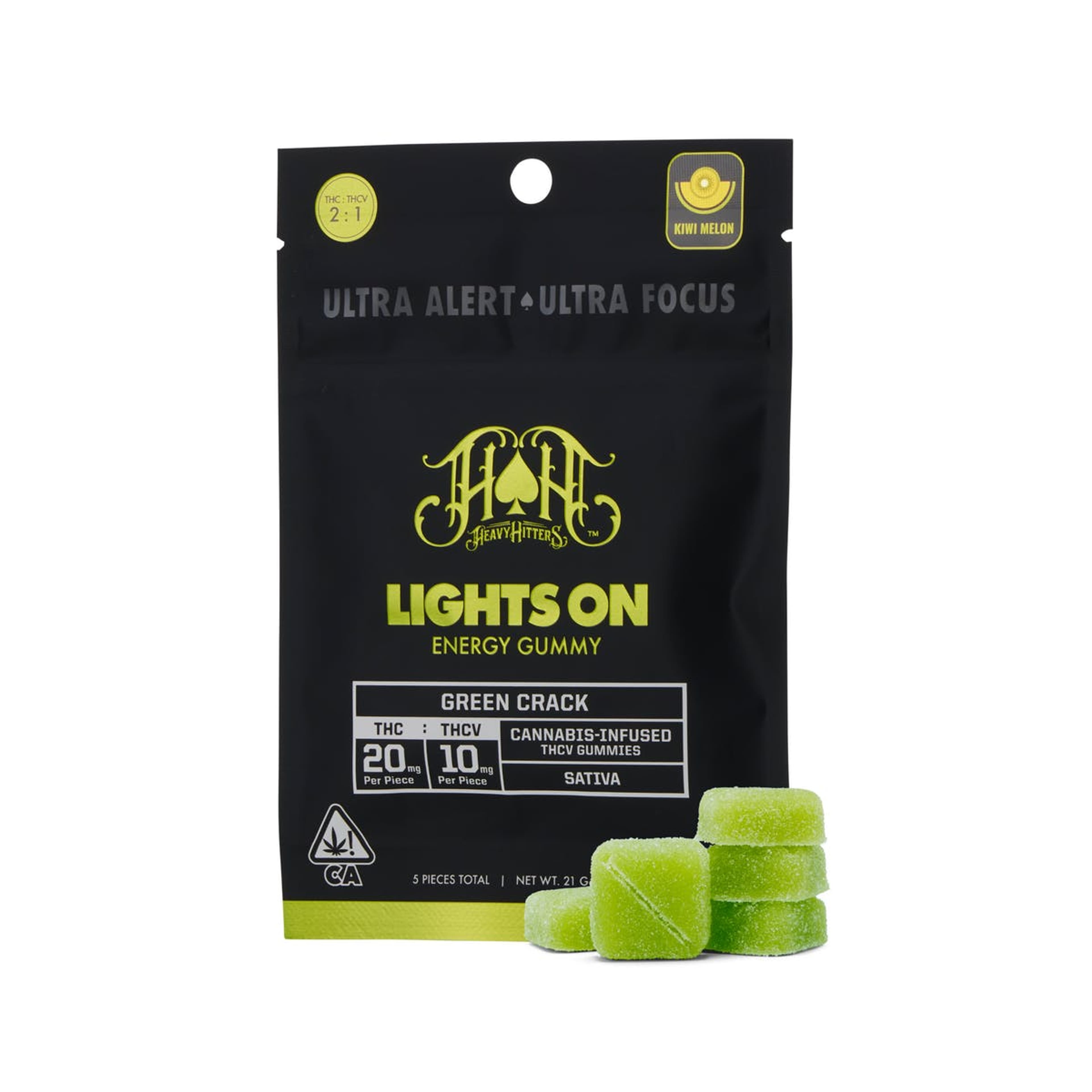 Lights On | Kiwi Melon "Green Crack" THCV Gummy - THC + 50mg THCV - 100mg - Heavy Hitters - - $19 - Edibles