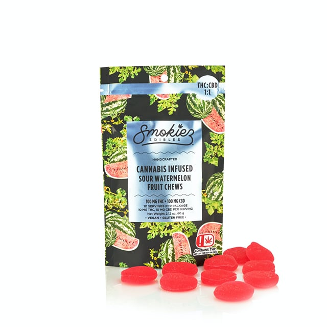 Smokiez 100mg THC: 100mg CDB Fruit Chews | Sour Watermelon