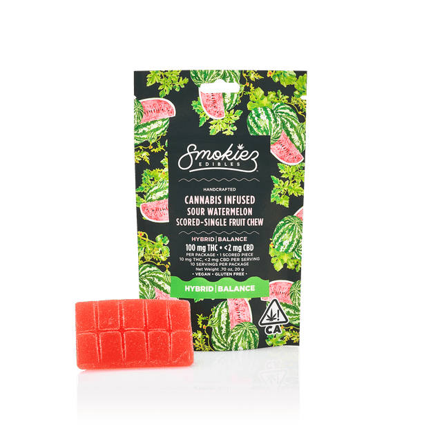 Hybrid Sour Watermelon 100mg THC Fruit Chews - Scored Single Piece - CA