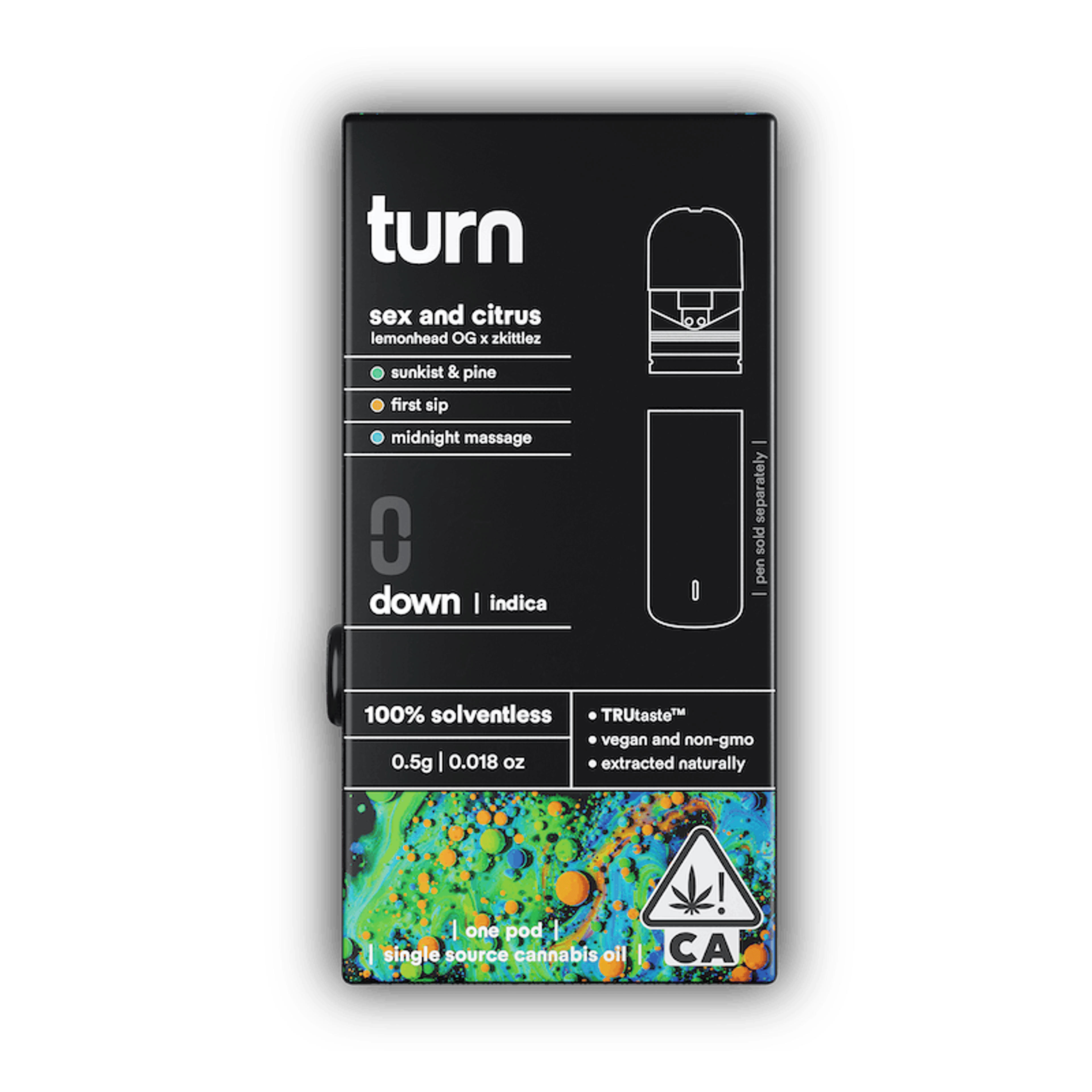 Turn Down Solventless POD | .5g - Sex and Citrus - Live Rosin - Indica - Turn - - $36 - Vape Carts