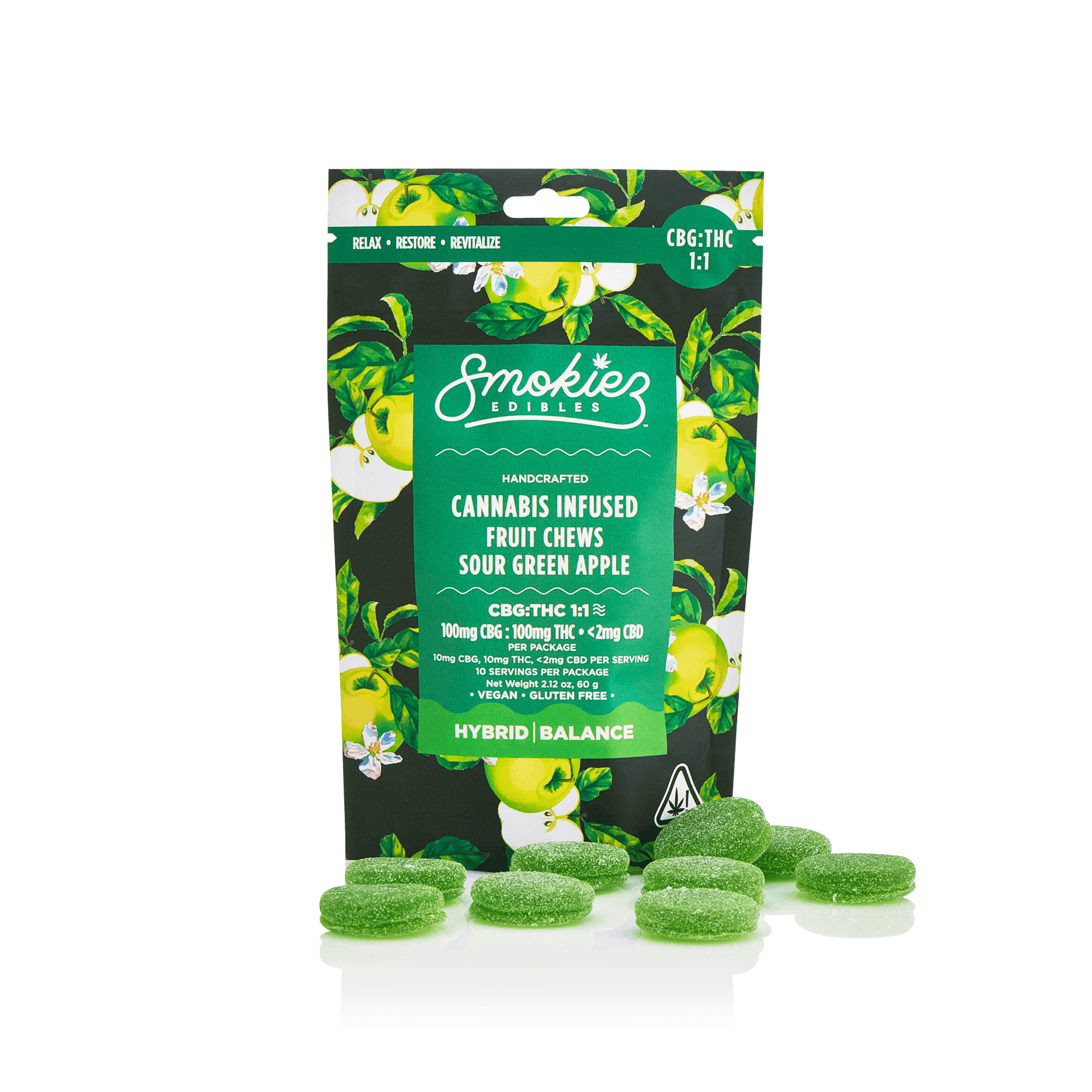 Sour Green Apple 100mg CBG : 100mg THC Fruit Chews - CA - Smokiez Edibles - - $18 - Edibles