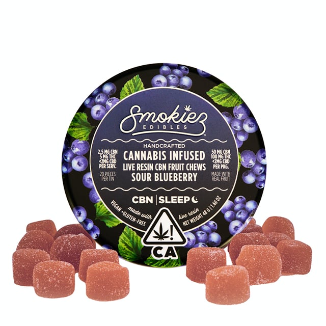 Sour Blueberry 50mg CBN : 100mg Live Resin THC 1:2 Fruit Chews - CA