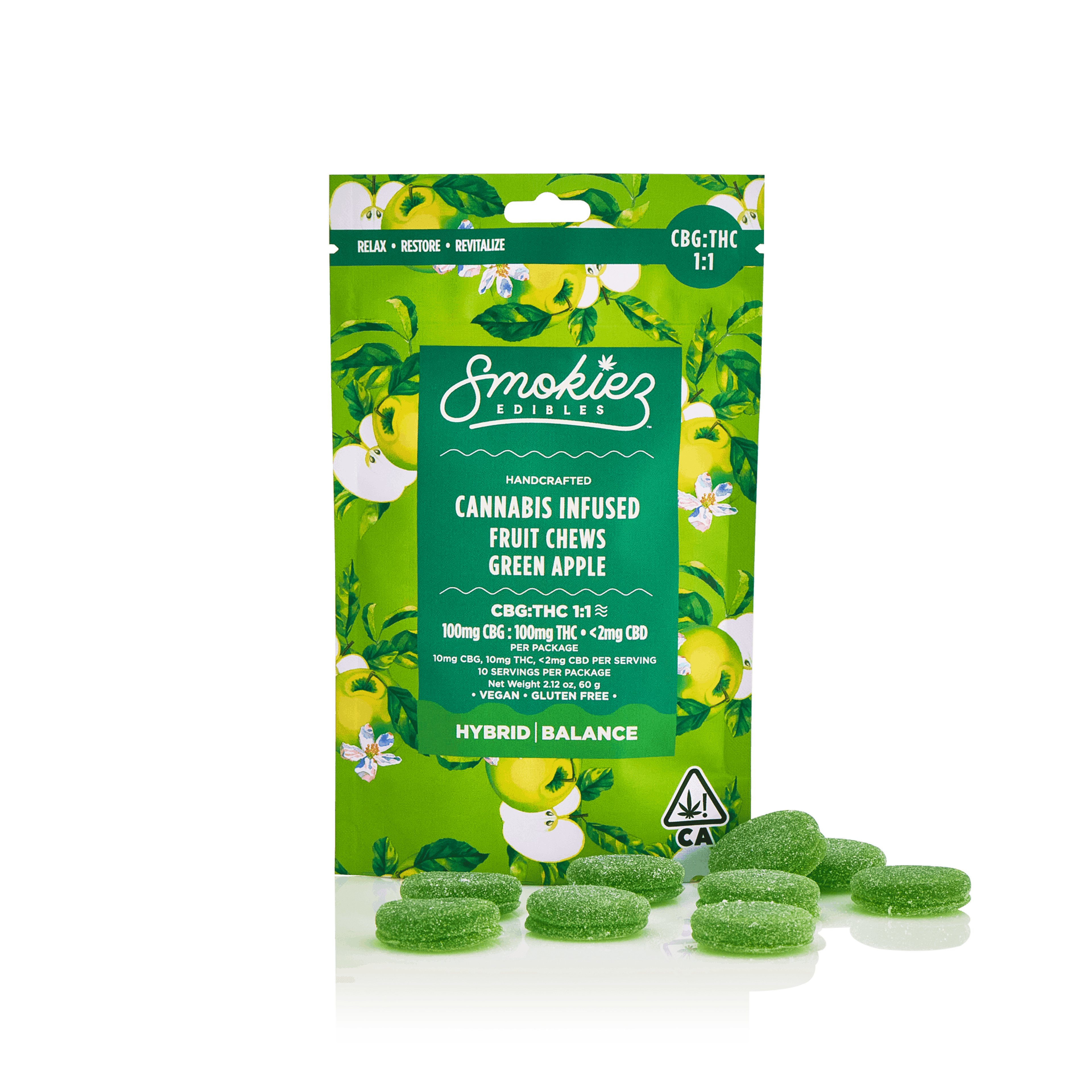 Green Apple 100mg CBG : 100mg THC Fruit Chews - CA - Smokiez Edibles - - $18 - Edibles