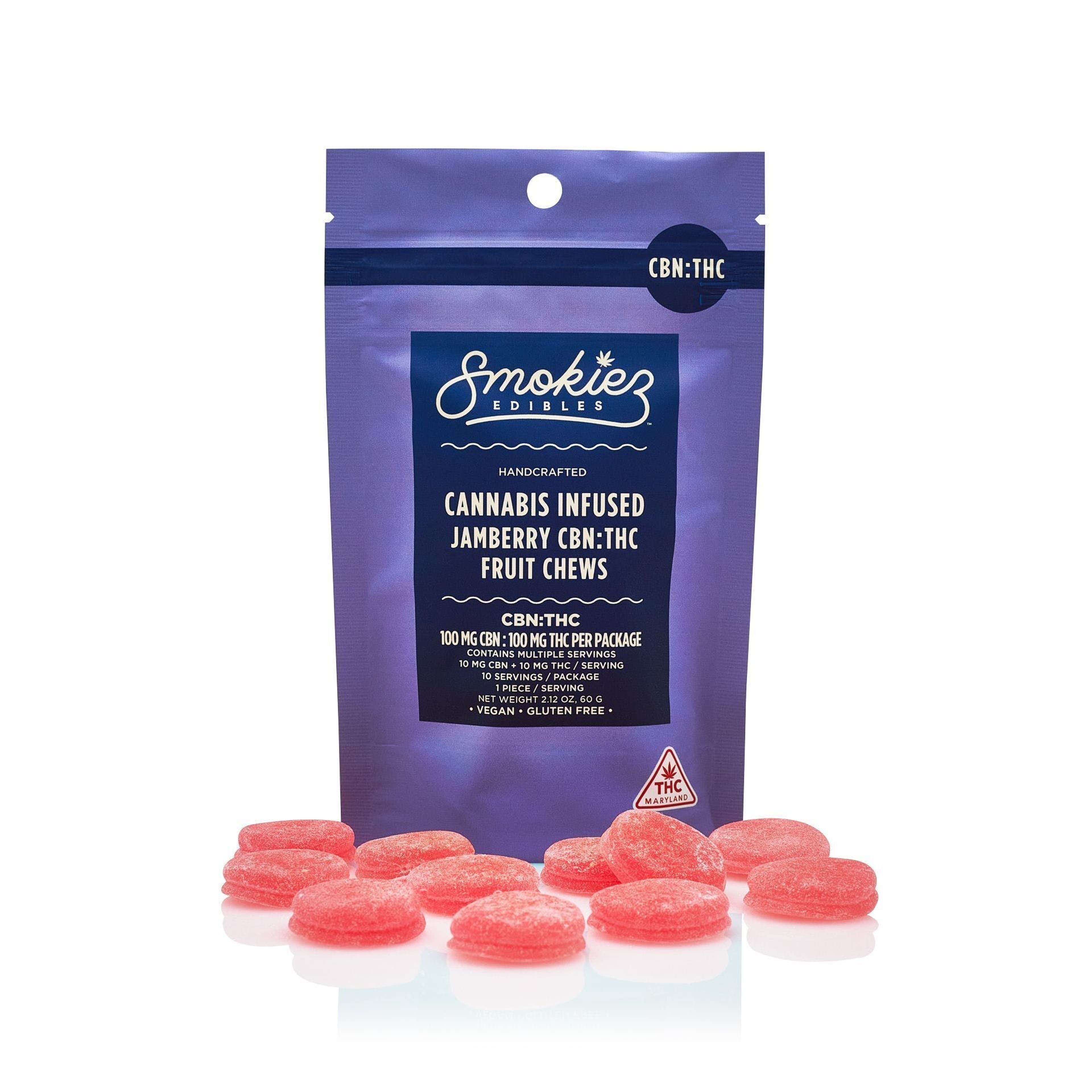 CBN:THC 1:1 Jamberry 100mg CBN:100mg THC Fruit Chews - Smokiez Edibles - smokiez jamberry cbn/thc - $18 - Edibles