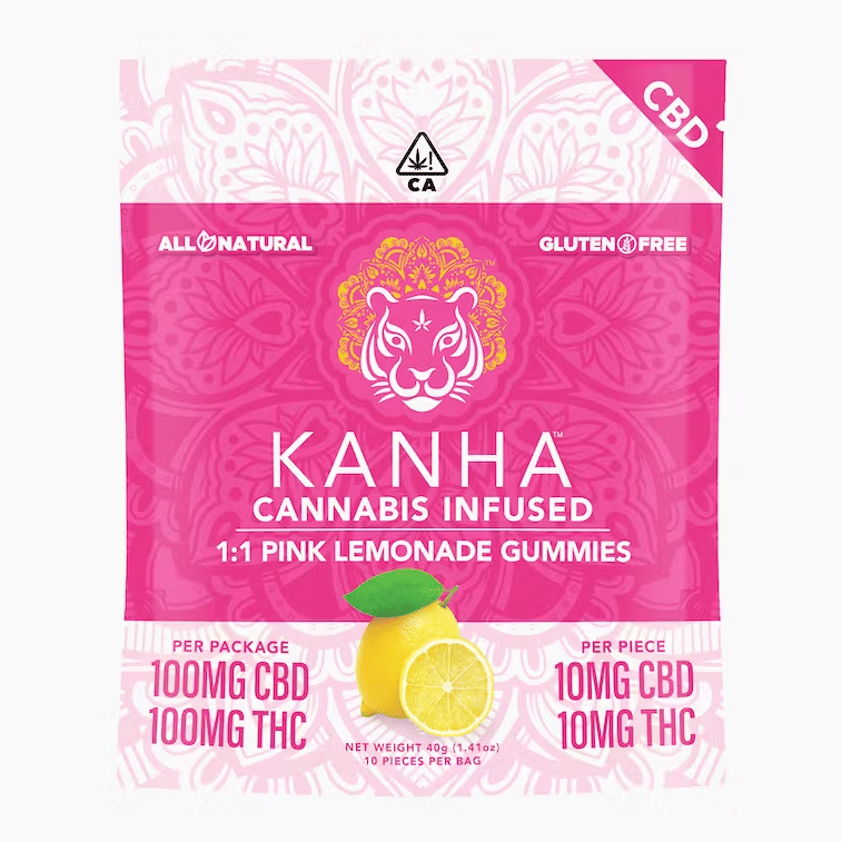 Gummies: CBD Pink Lemonade 1:1 - 100mg THC + 100mg CBD - Kanha Gummies -  - $20 - Edibles