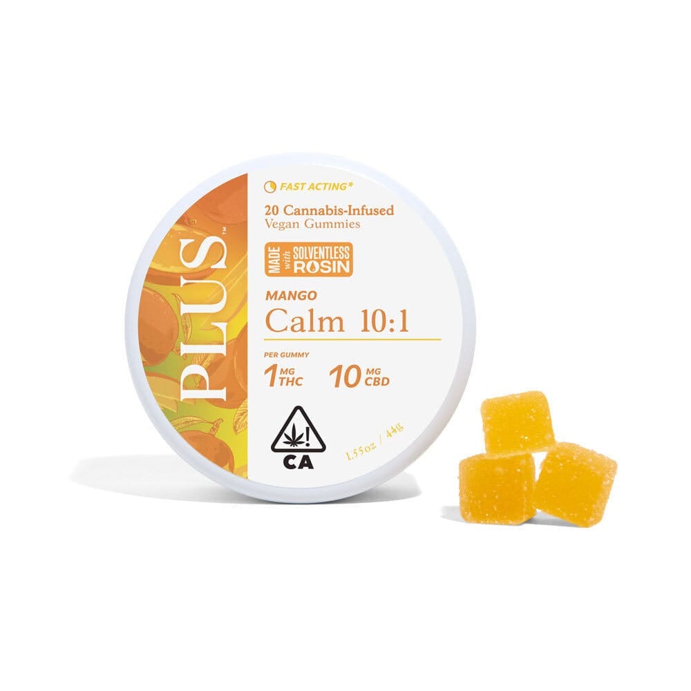 Calm - Mango - 10:1 CBD:THC Solventless Rosin Gummies - PLUS™️ Products - 20 Gummies - $21.99 - Edibles