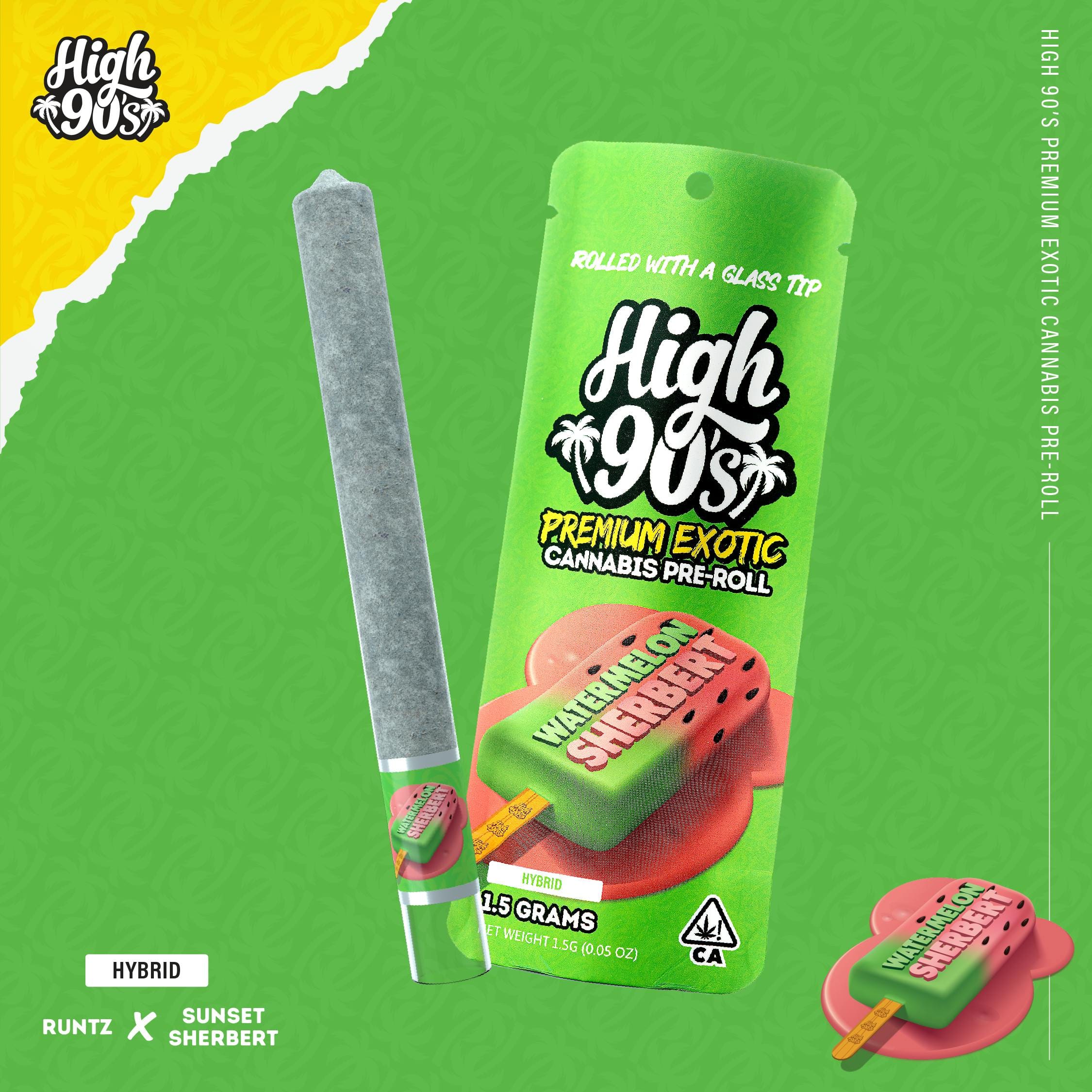 High 90s : Watermelon Sherbert 1.5g High Roller Pre-Roll - HIGH 90s -  - $15 - Pre-Rolls