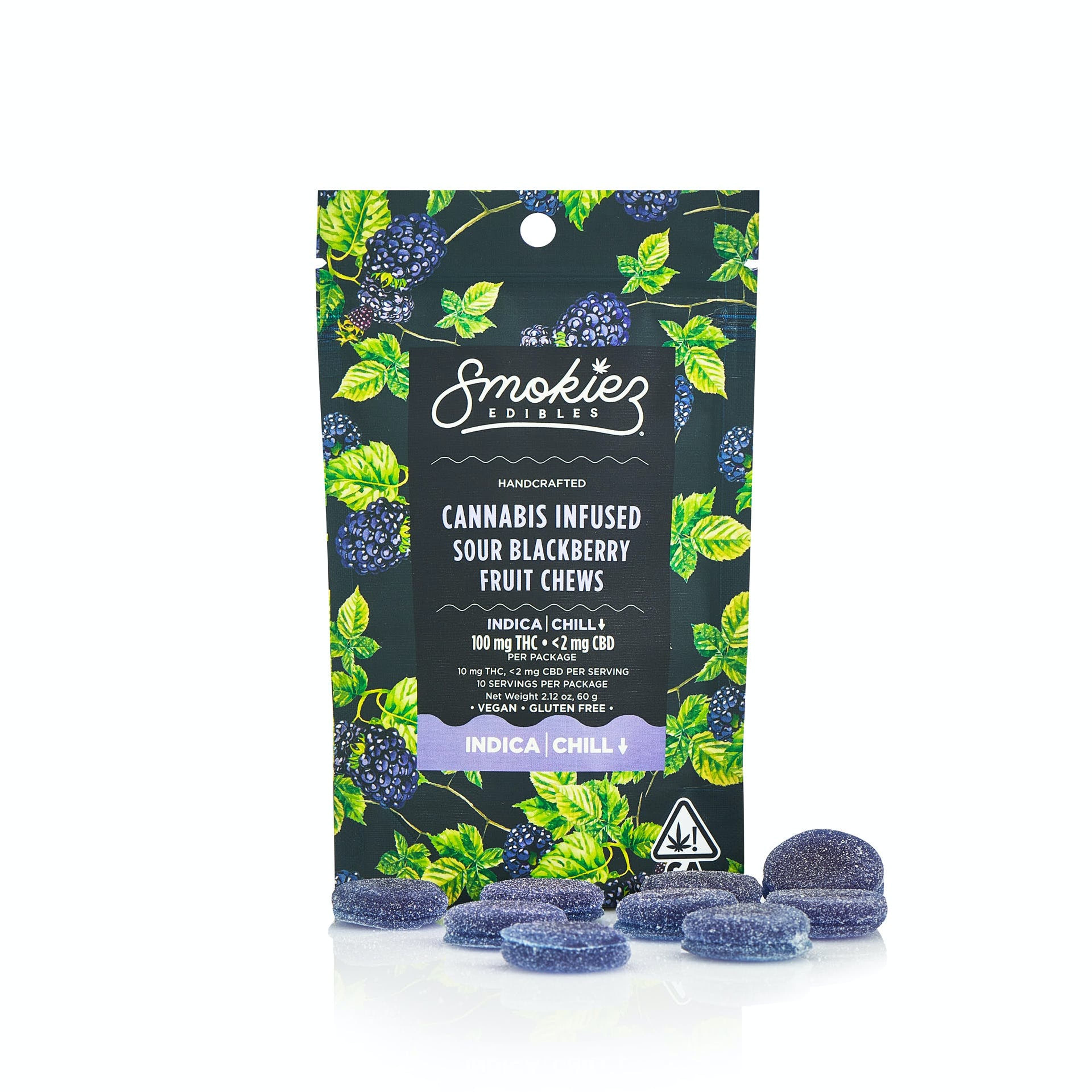 Smokiez Sour Blackberry INDICA 100mg THC Fruit Chews - CA - Smokiez Edibles - - $17 - Edibles