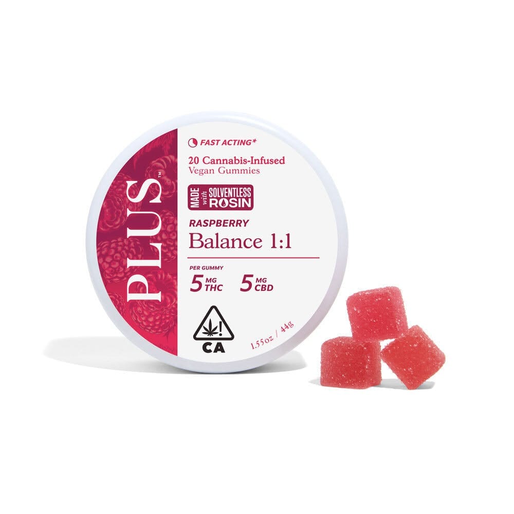 Balance - Raspberry - 1:1 THC:CBD Solventless Rosin Gummies - PLUS™️ Products - 20 Gummies - $21.99 - Edibles