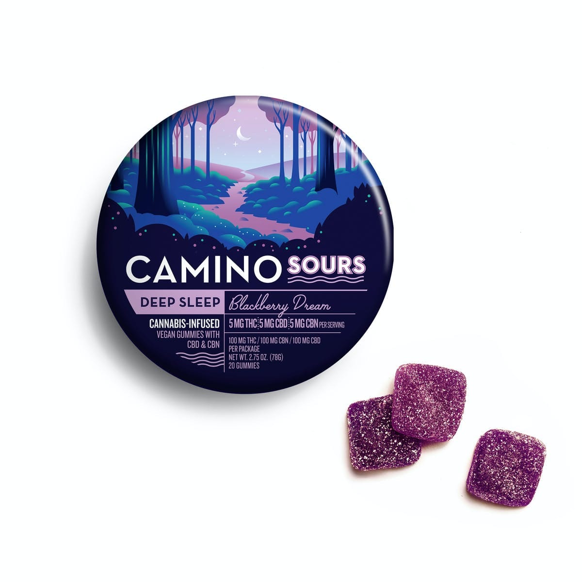 Camino Sours 10:10:10 THC:CBD:CBN Blackberry Dream "Deep Sleep" Gummies - Kiva Confections - 10 Gummies - $20.99 - Edibles