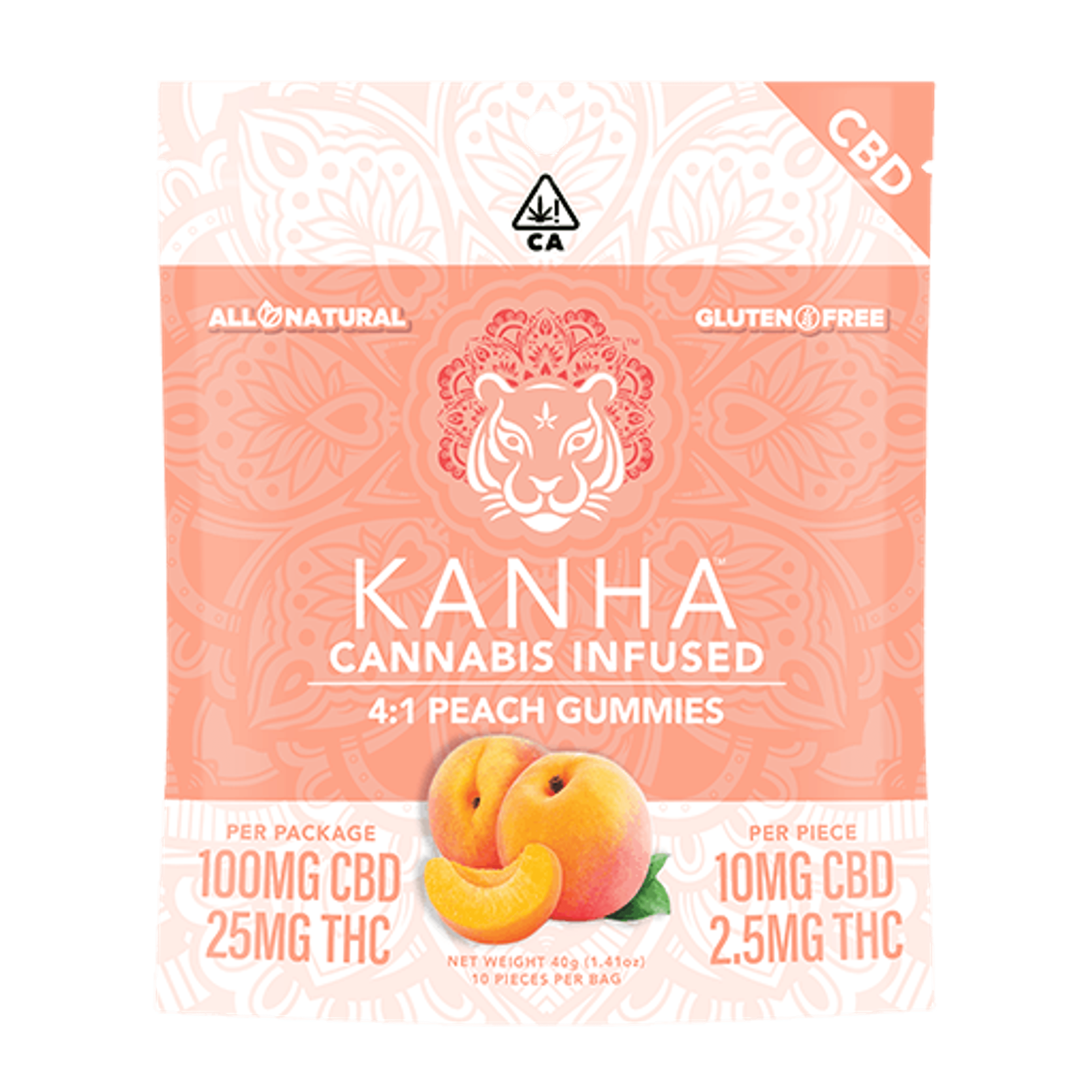 Peach 4:1 CBD:THC Gummies - Kanha - 10 Gummies - $19.99 - Edibles
