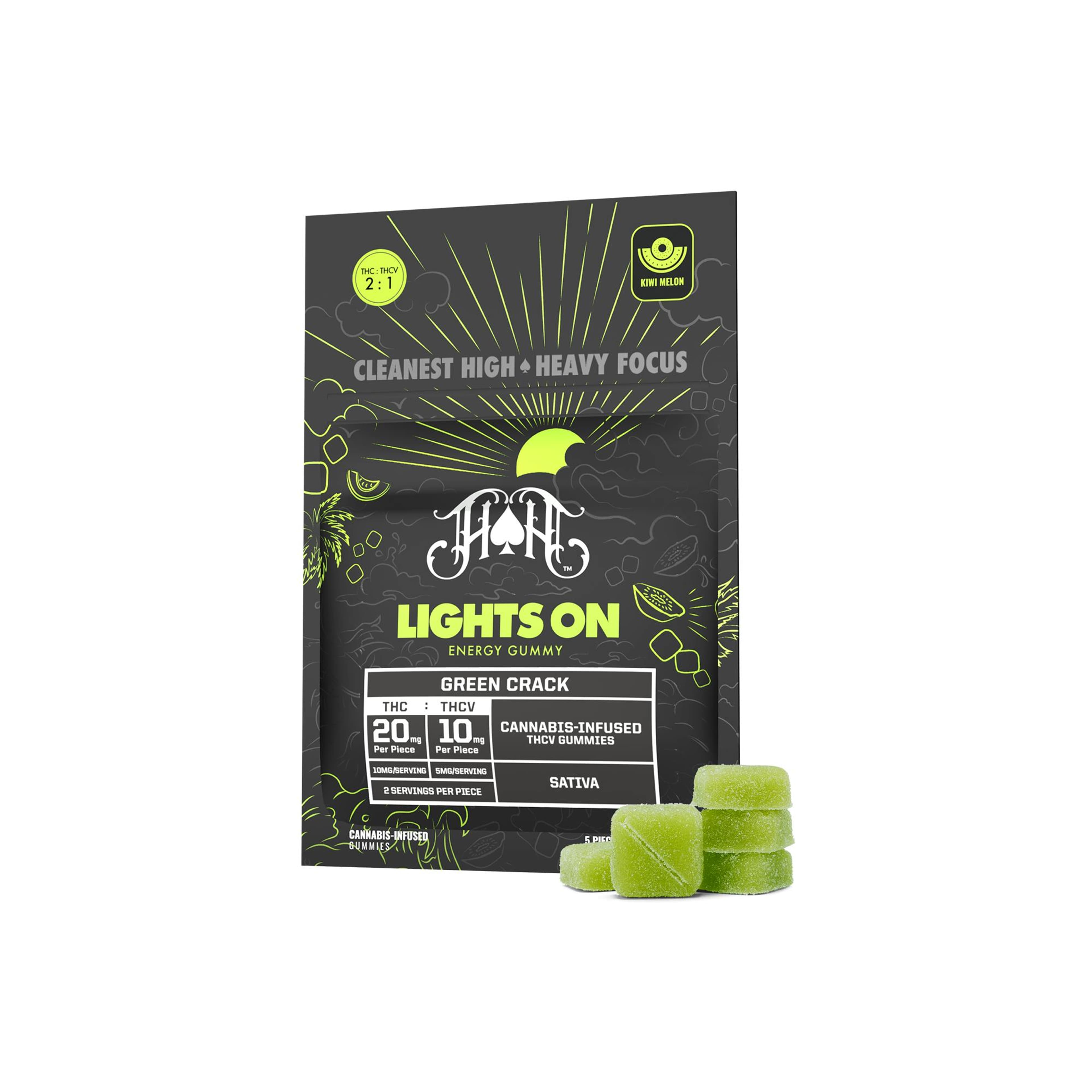 Green Crack | Sativa - Lights On Energy Gummies - 100mg THC | 50mg THCV - Heavy Hitters - - $27 - Edibles