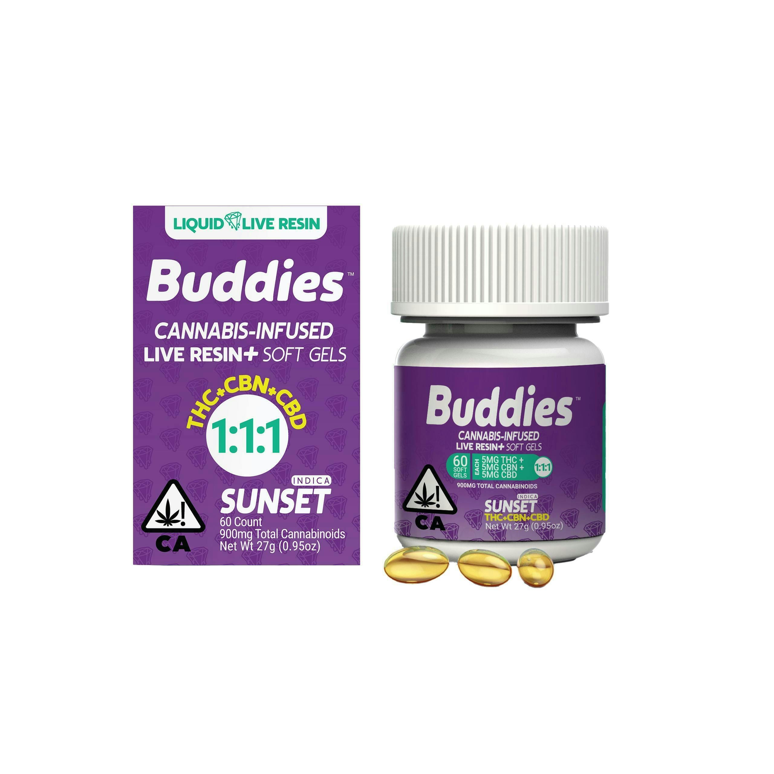 Buddies: Sunset Live Resin - (5mg 1:1:1) THC:CBD:CBN Softgel Capsules - 60 Count (300mg Total)