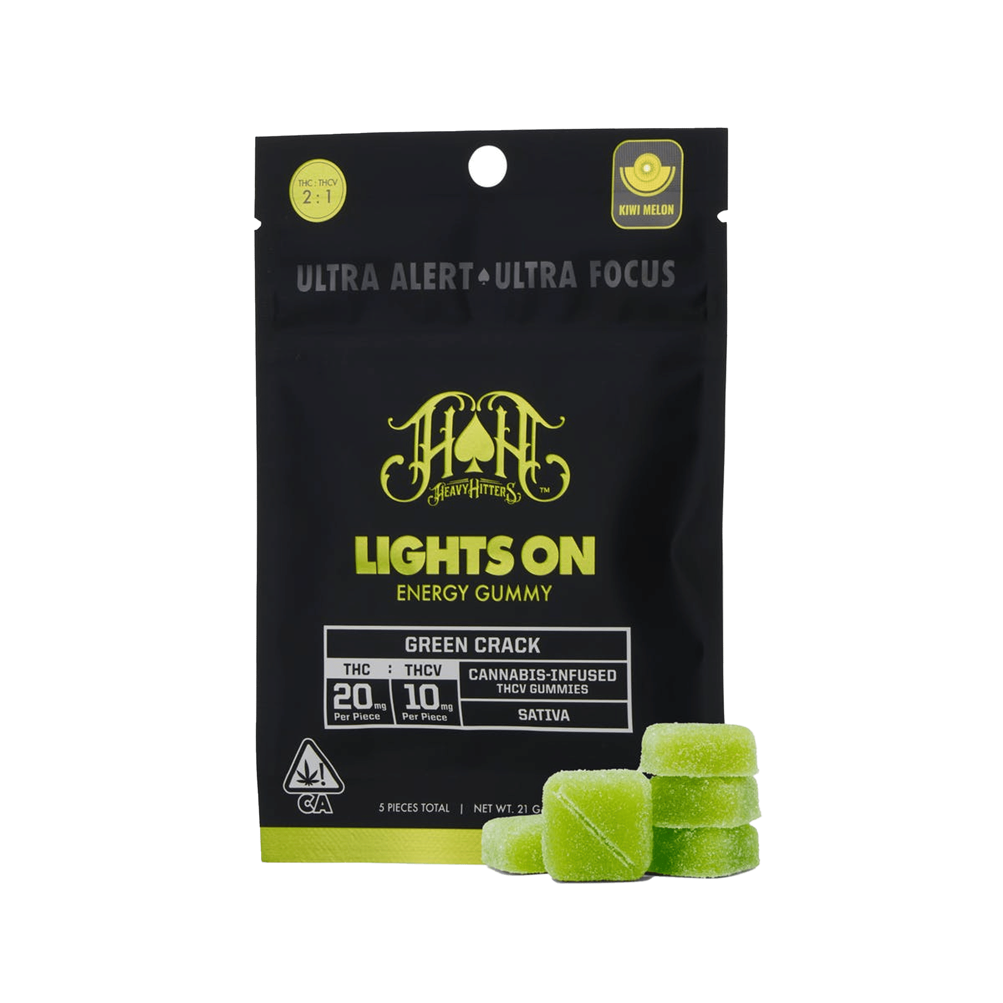 Green Crack - Lights On - THCV Energy Gummies - Heavy Hitters - 5 Gummies - $24.99 - Edibles