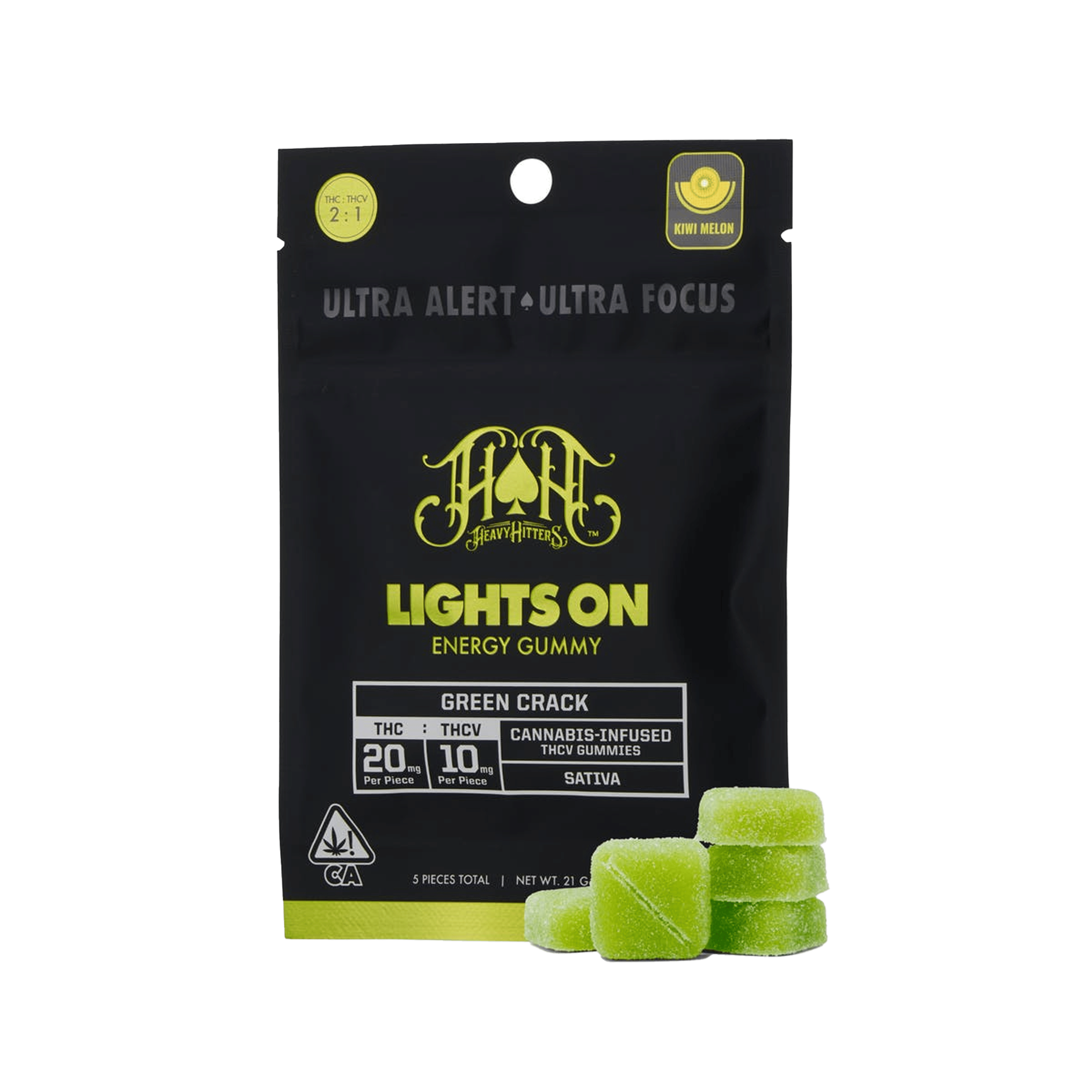 Green Crack - Lights On - THCV Energy Gummies - Heavy Hitters - 5 Gummies - $24.99 - Edibles