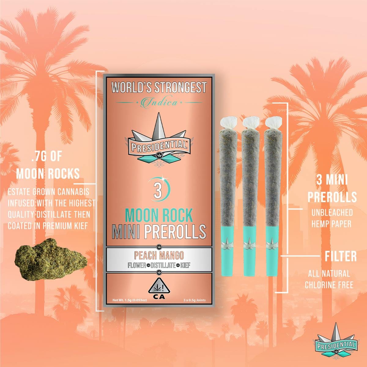 Peach Mango Moon Rock Mini Pre Rolls (3 x 0.7g) - 1.5g - Presidential -  - $20 - Infused Pre-Rolls