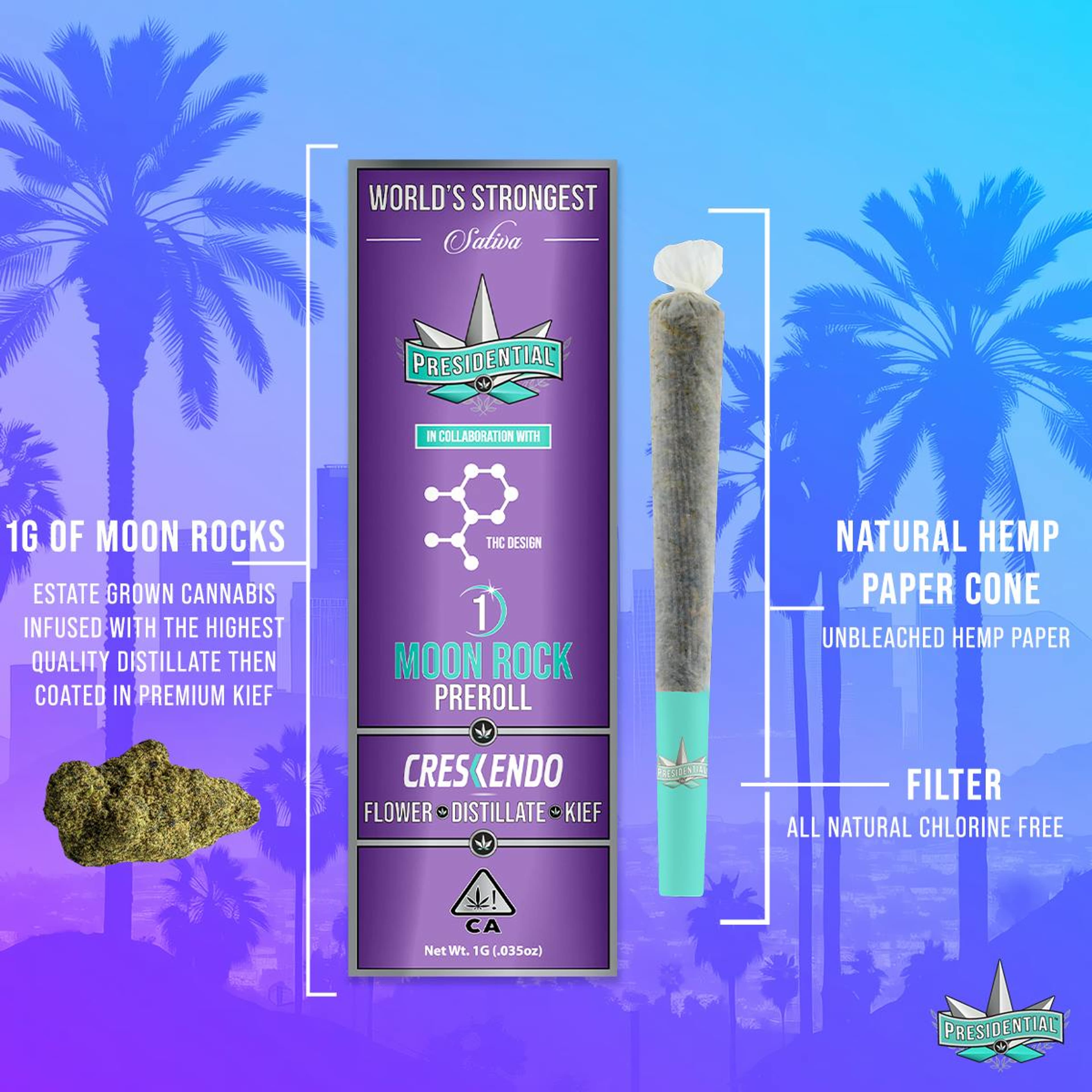 Crescendo Moon Rock Pre Roll - 1g - Presidential - - $16.50 - Infused Pre-Rolls