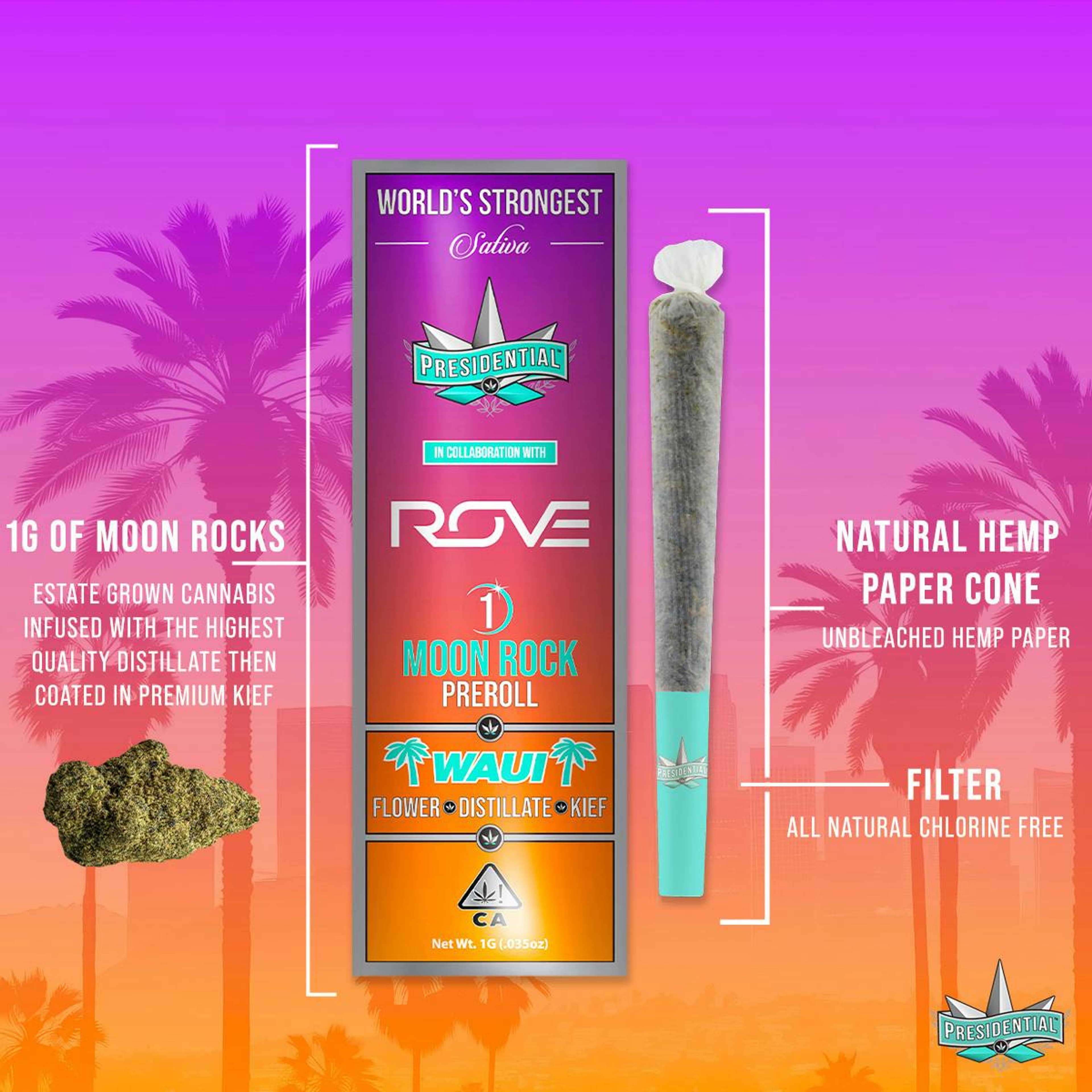 Waui Moon Rock Pre Roll (Presidential x Rove) - 1g - Presidential - - $16.50 - Infused Pre-Rolls