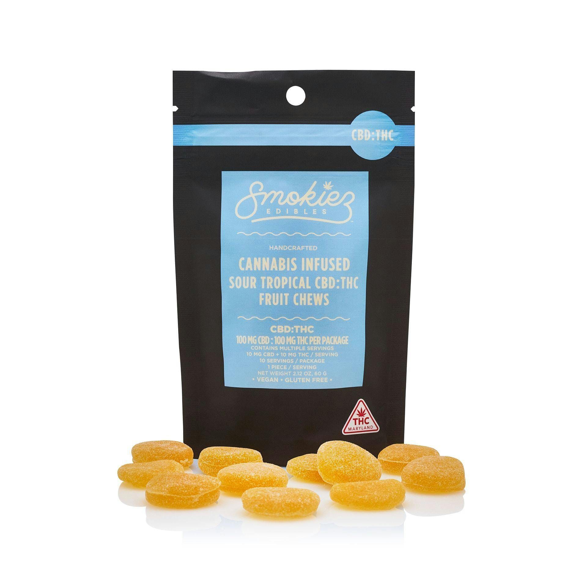 CBD:THC 1:1 Sour Tropical Fruit100mg CBD:100mg THC Fruit Chews - Smokiez Edibles -  - $18 - Edibles