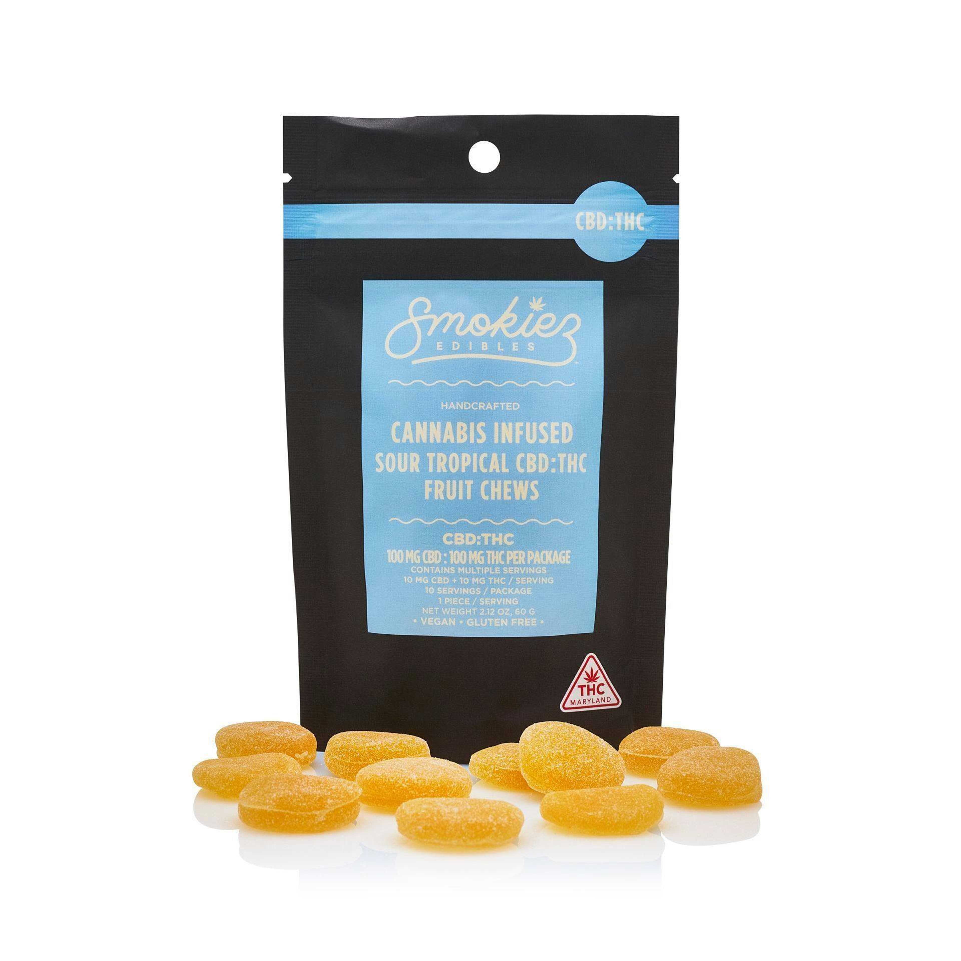CBD:THC 1:1 Sour Tropical Fruit100mg CBD:100mg THC Fruit Chews - Smokiez Edibles - - $18 - Edibles
