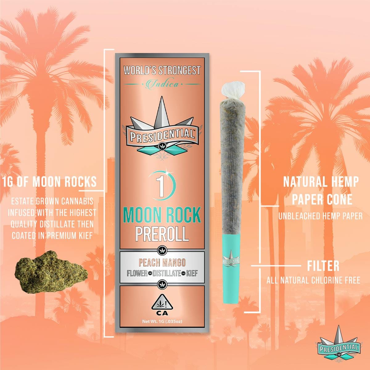 Peach Mango Moon Rock Pre Roll - 1g - Presidential -  - $16 - Infused Pre-Rolls