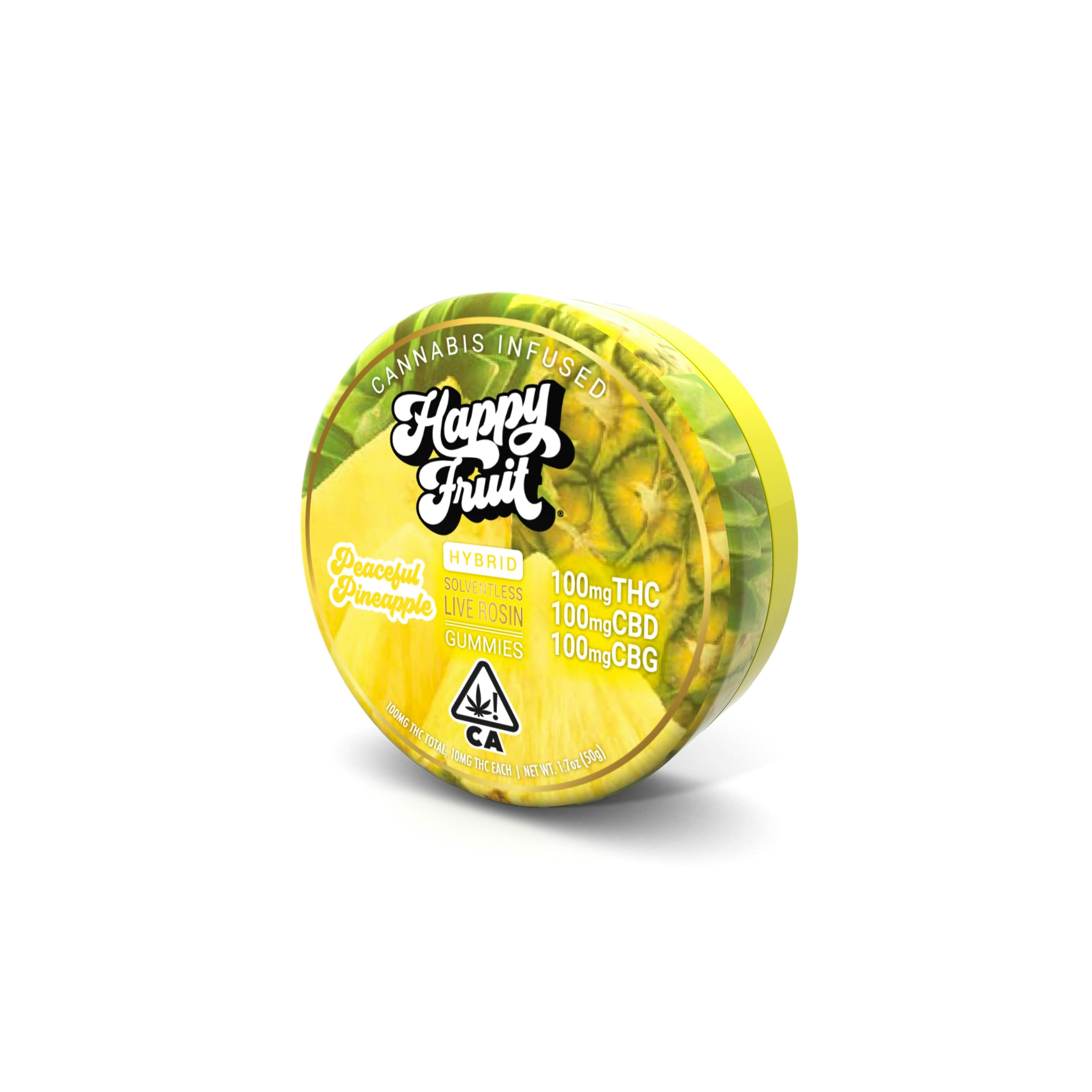 Peaceful Pineapple Rosin Gummies - 100mg THC + 100mg CBD + 100mg CBG - Happy Fruit - Peaceful Pineapple Live Rose Happy Fruit Gummies - $18 - Edibles