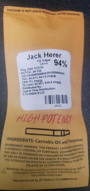 Jack Herer 1g Vape cartridge sativa 92%