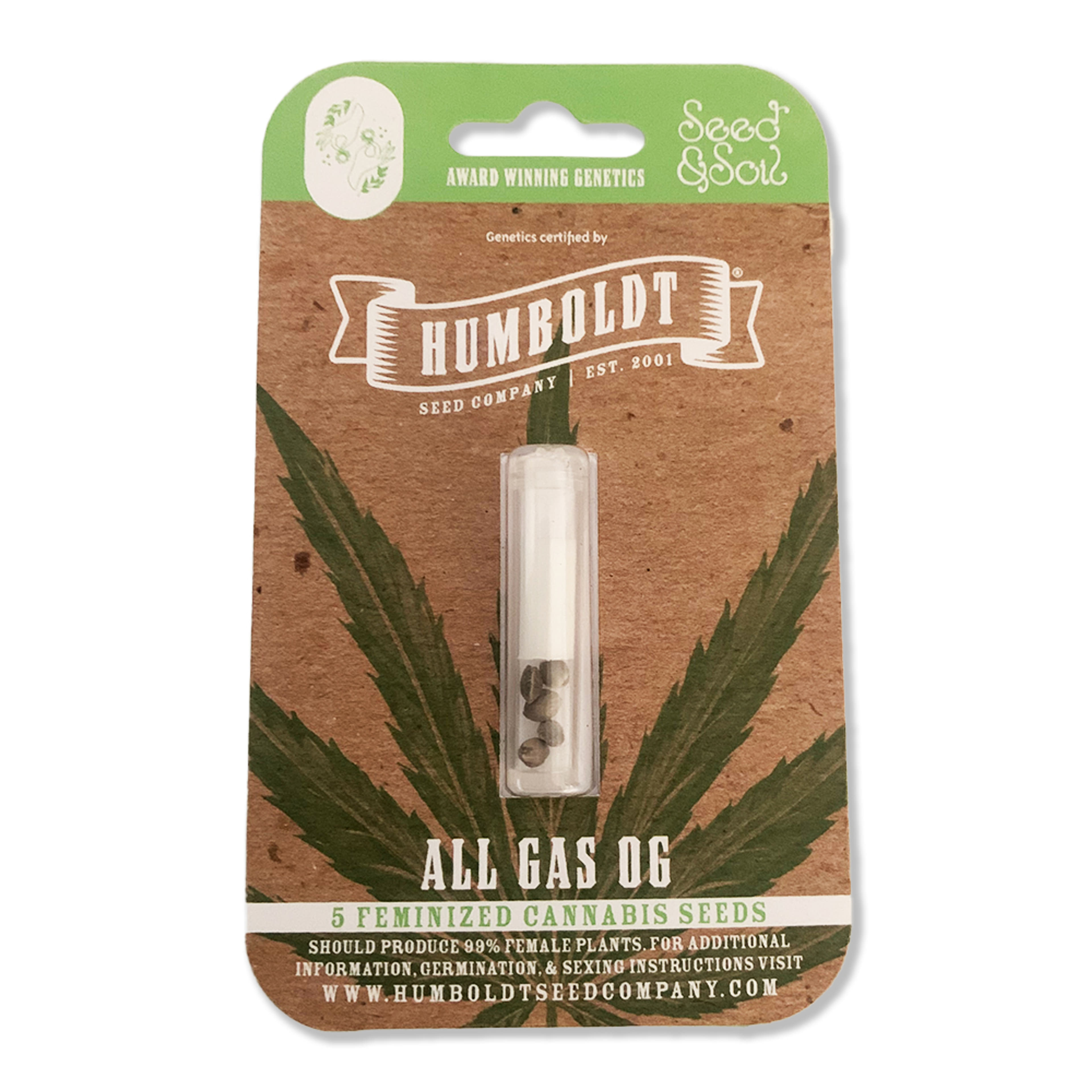 All Gas OG - 10pk Feminized Seeds - Humboldt Seed Company - Fem Seed - Indica Dom - $100 - Seeds