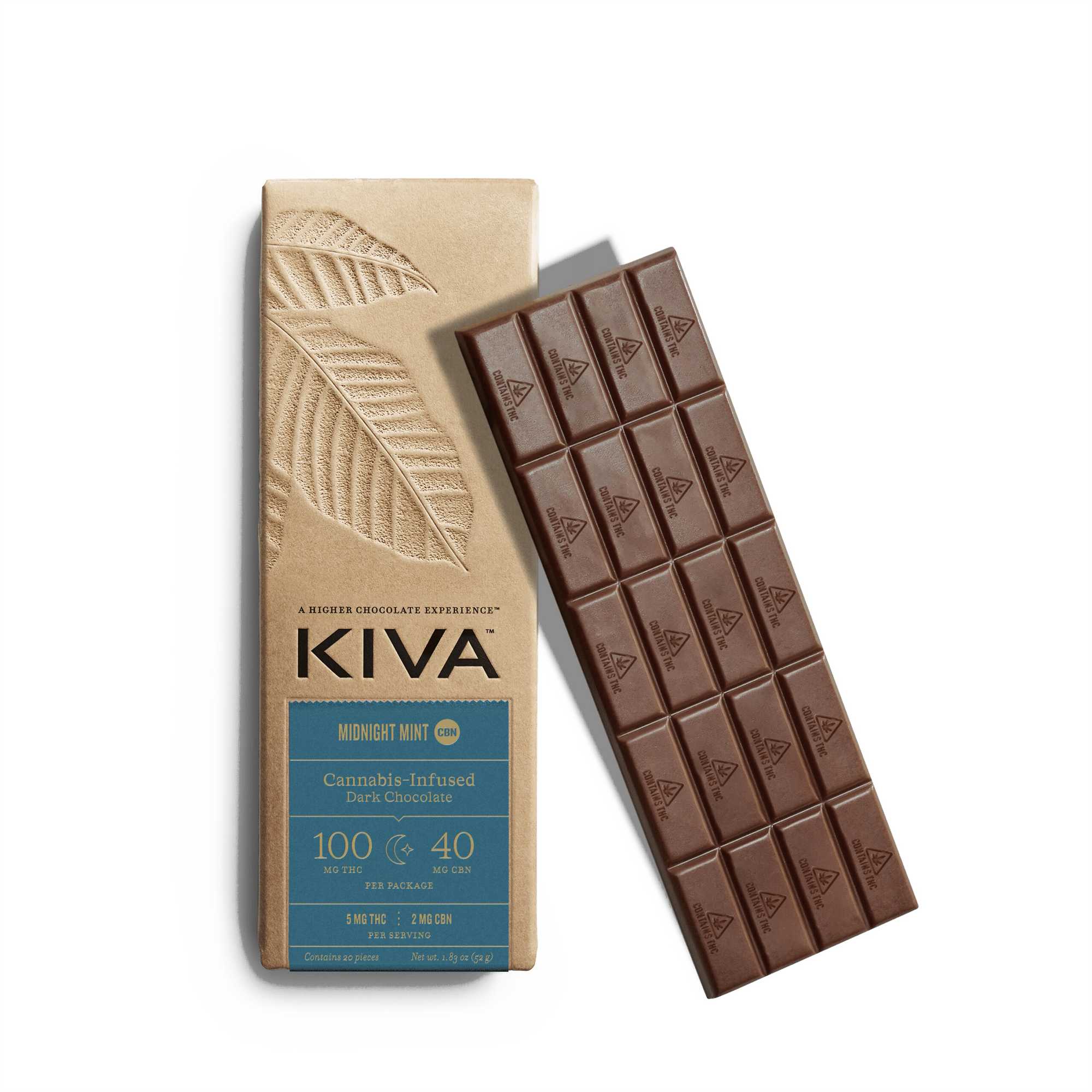 Midnight Mint 5:2 CBN Dark Chocolate Bar - Kiva Confections - 20 Piece - $23.99 - Edibles