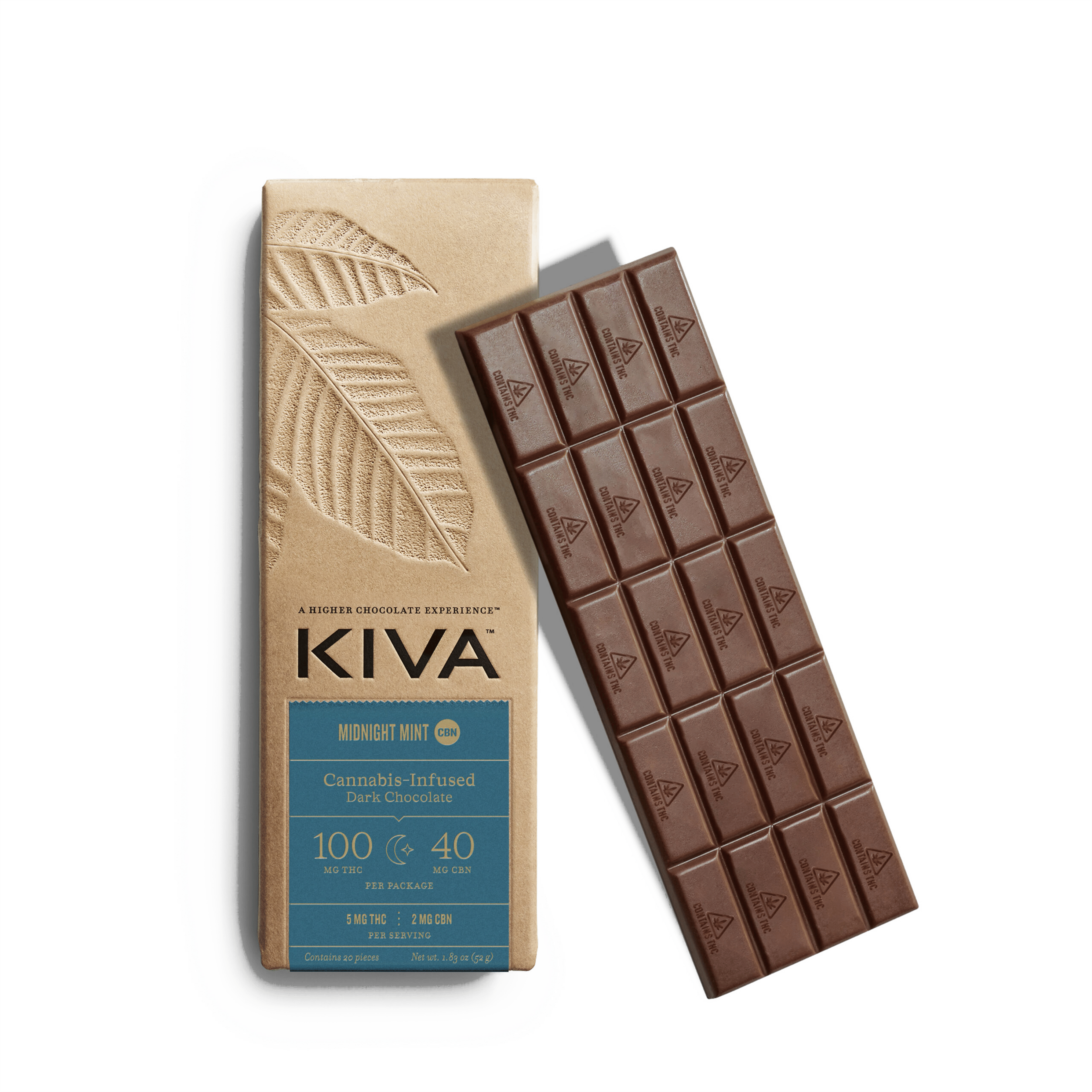 Midnight Mint 5:2 CBN Dark Chocolate Bar - Kiva Confections - 20 Piece - $23.99 - Edibles