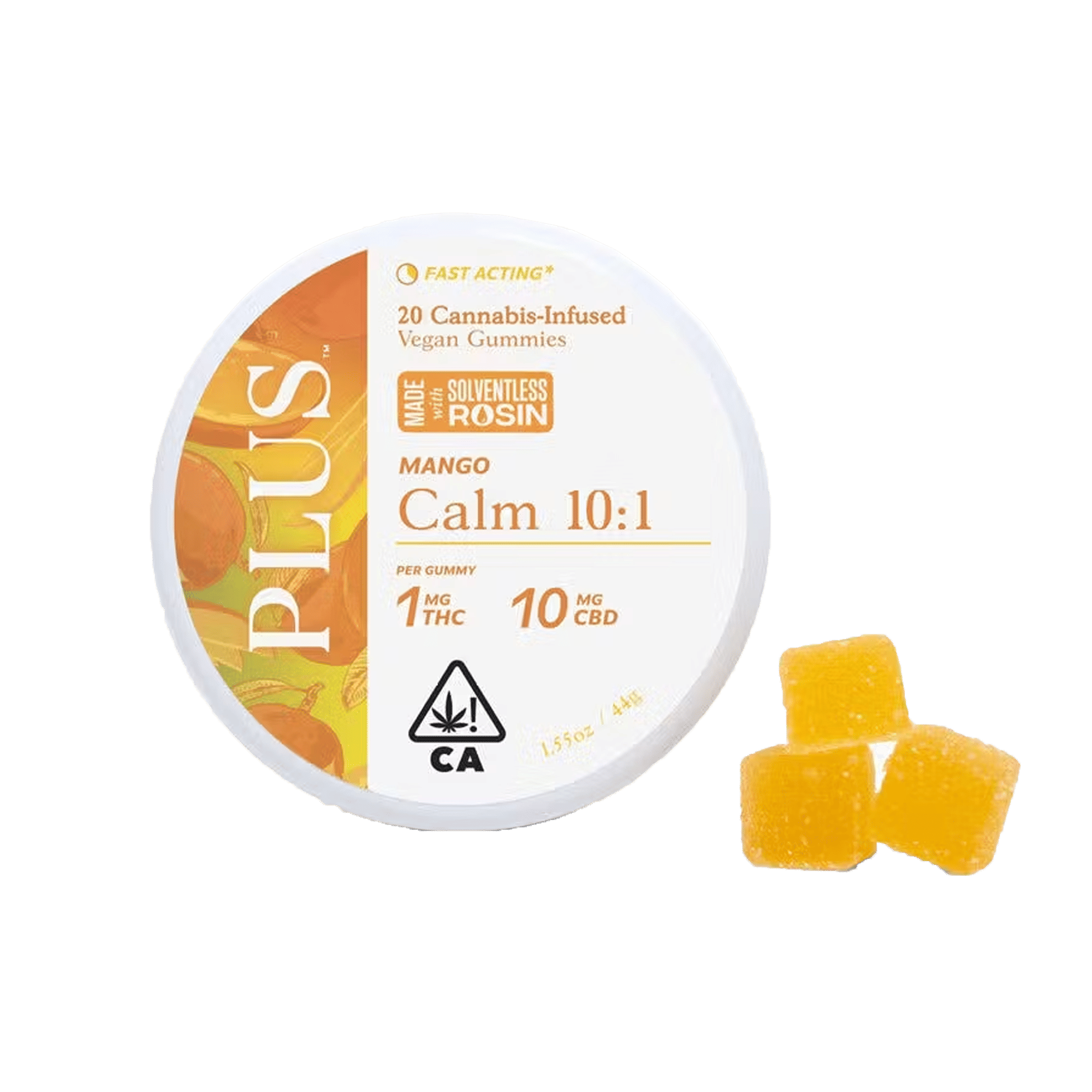 Calm - Mango - 10:1 CBD:THC Solventless Rosin Gummies - PLUS™️ Products - 20 Gummies - $21.99 - Edibles