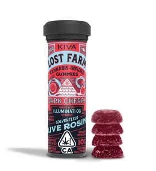 $28.45 - Dark Cherry Illuminati OG Rosin Lost Farm Gummies 100mg - Kiva -  - $20.49 - Edibles