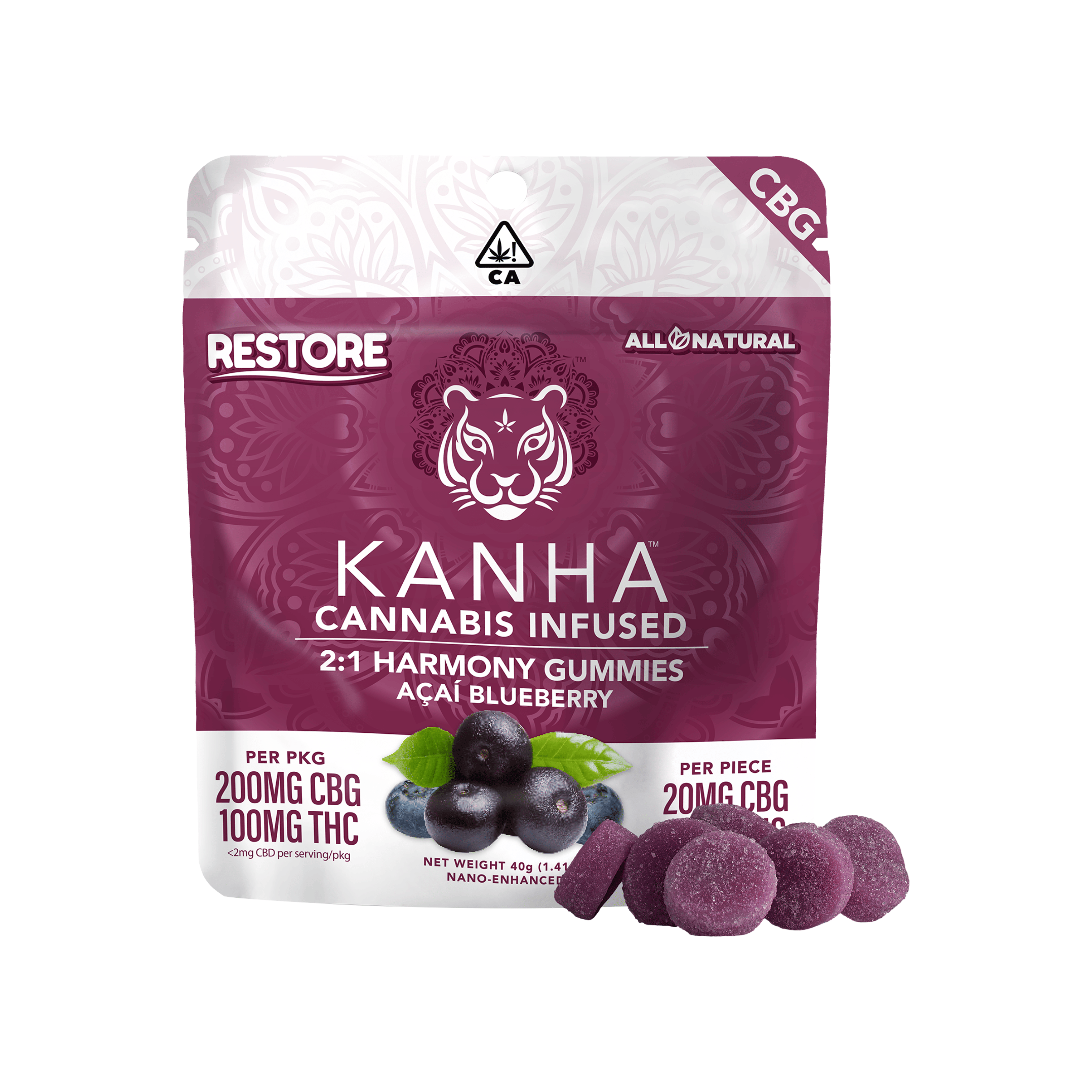Harmony | Acai Blueberry  Gummies | 2:1 CBG:THC | 200mg CBG 100mg THC - Kanha Gummies -  - $20 - Edibles
