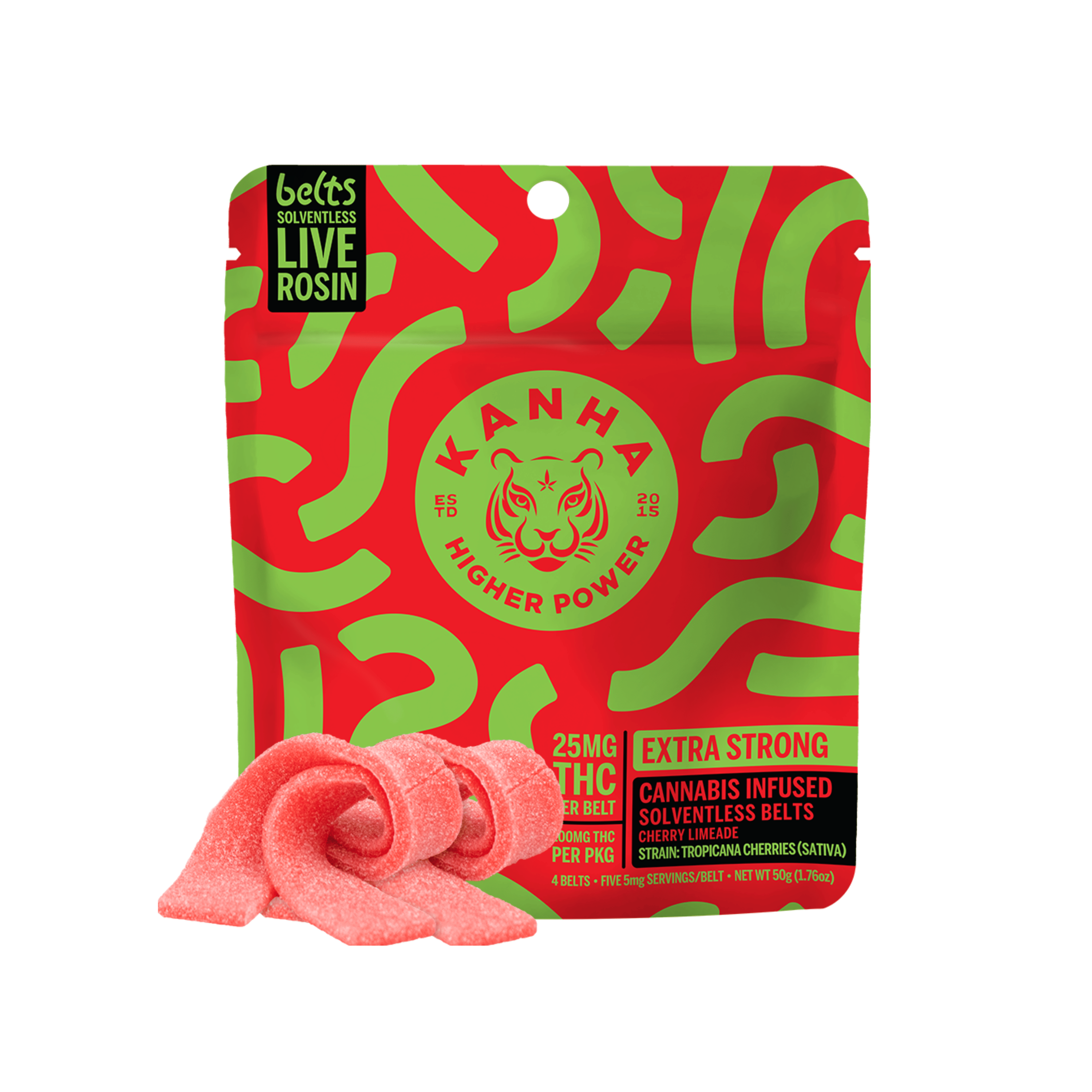 Sour Belts | Cherry Limeade "Tropicana Cherries" Live Rosin Infused - 100mg - Kanha Gummies - - $20 - Edibles