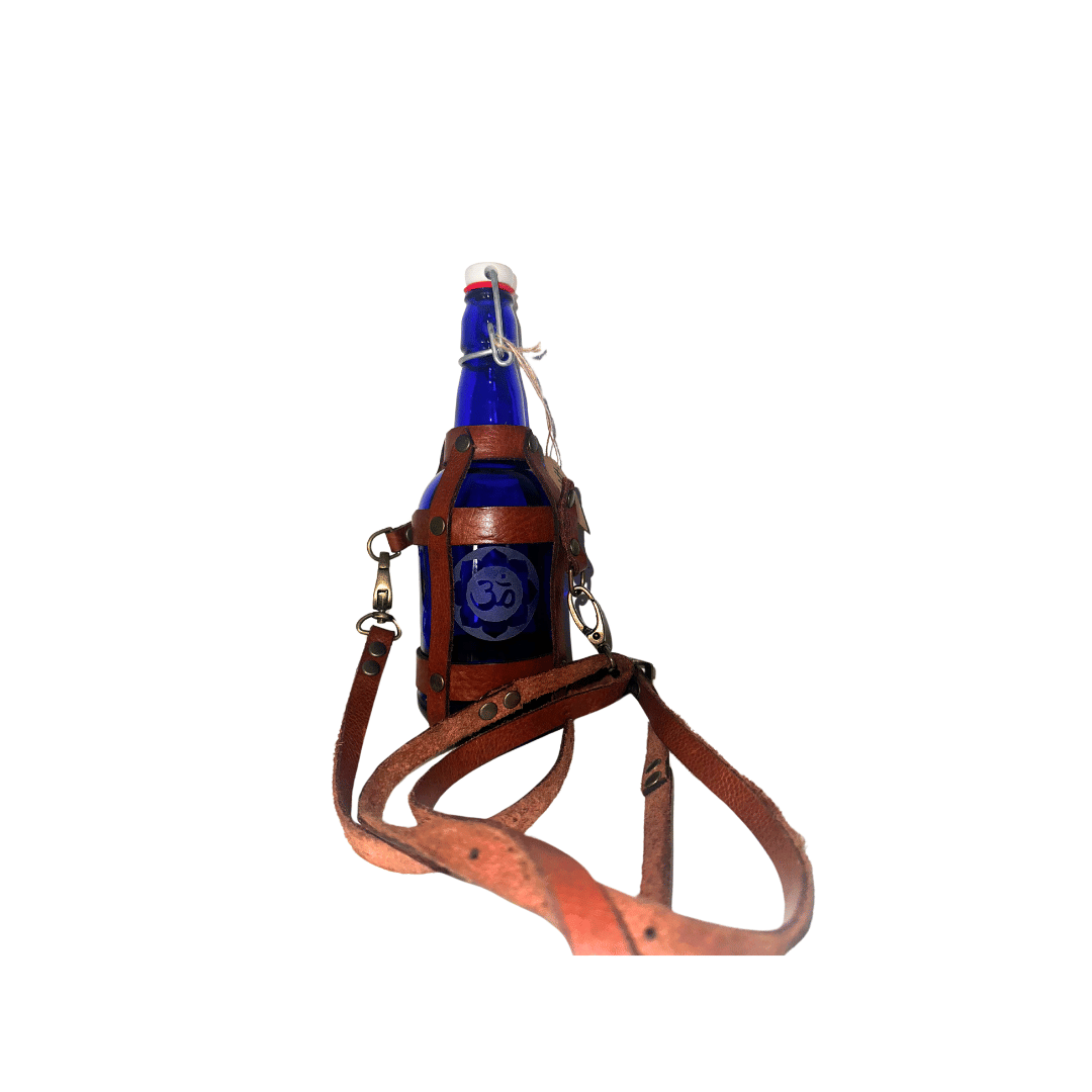 Glass Water Bottle with Vegan Leather Strap + Sand Blasted Sacred Geometry (Small) - Amritha -  - $150.99 - Maliboutique