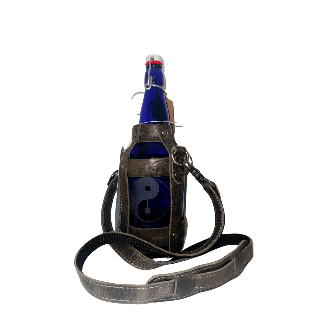 Glass Water Bottle with Vegan Leather Strap + Sand Blasted Sacred Geometry (Large) - Amritha -  - $160.99 - Maliboutique