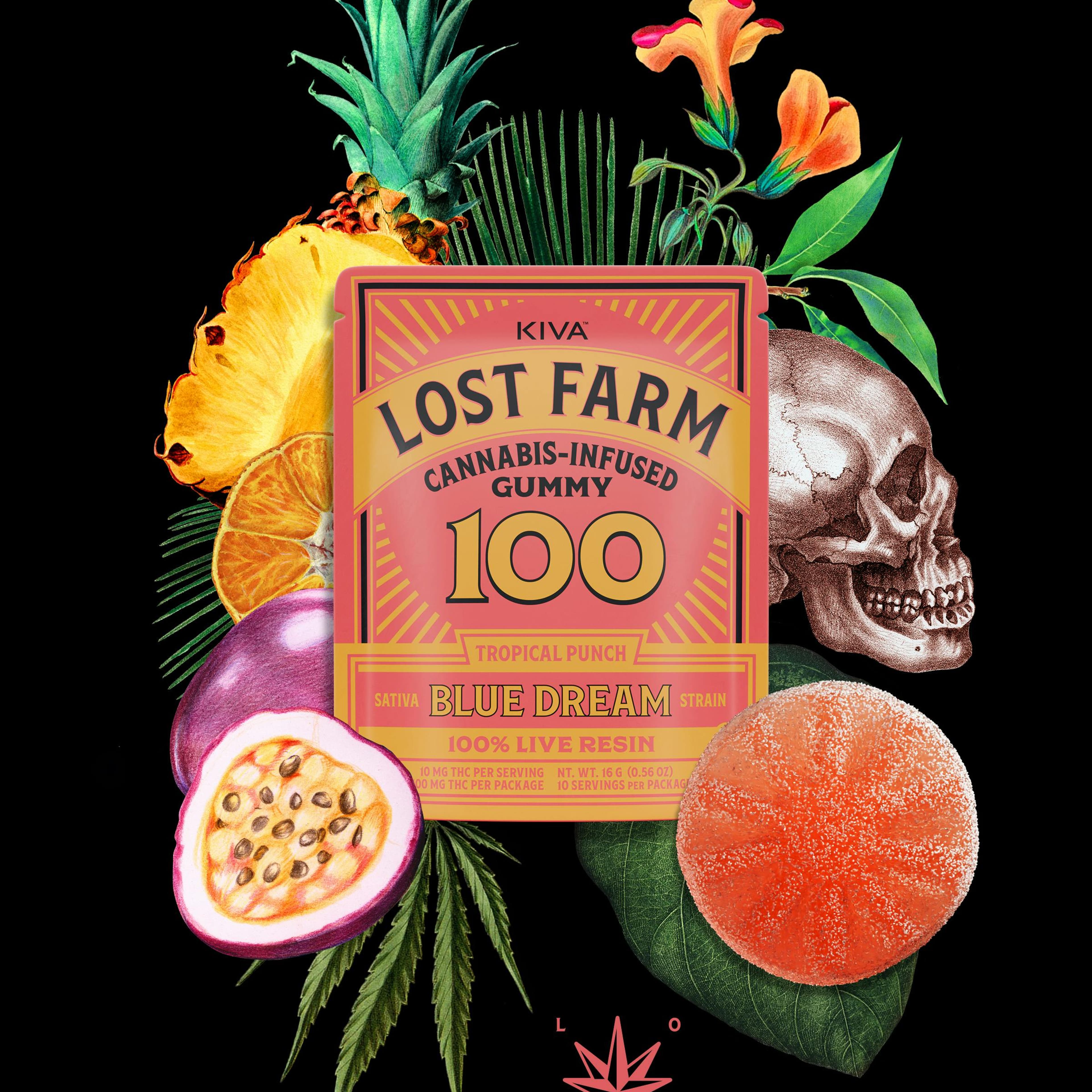 Lost Farm 100mg 1pk Tropical Punch x Blue Dream Live Resin Gummy - Kiva Confections - - $20 - Edibles
