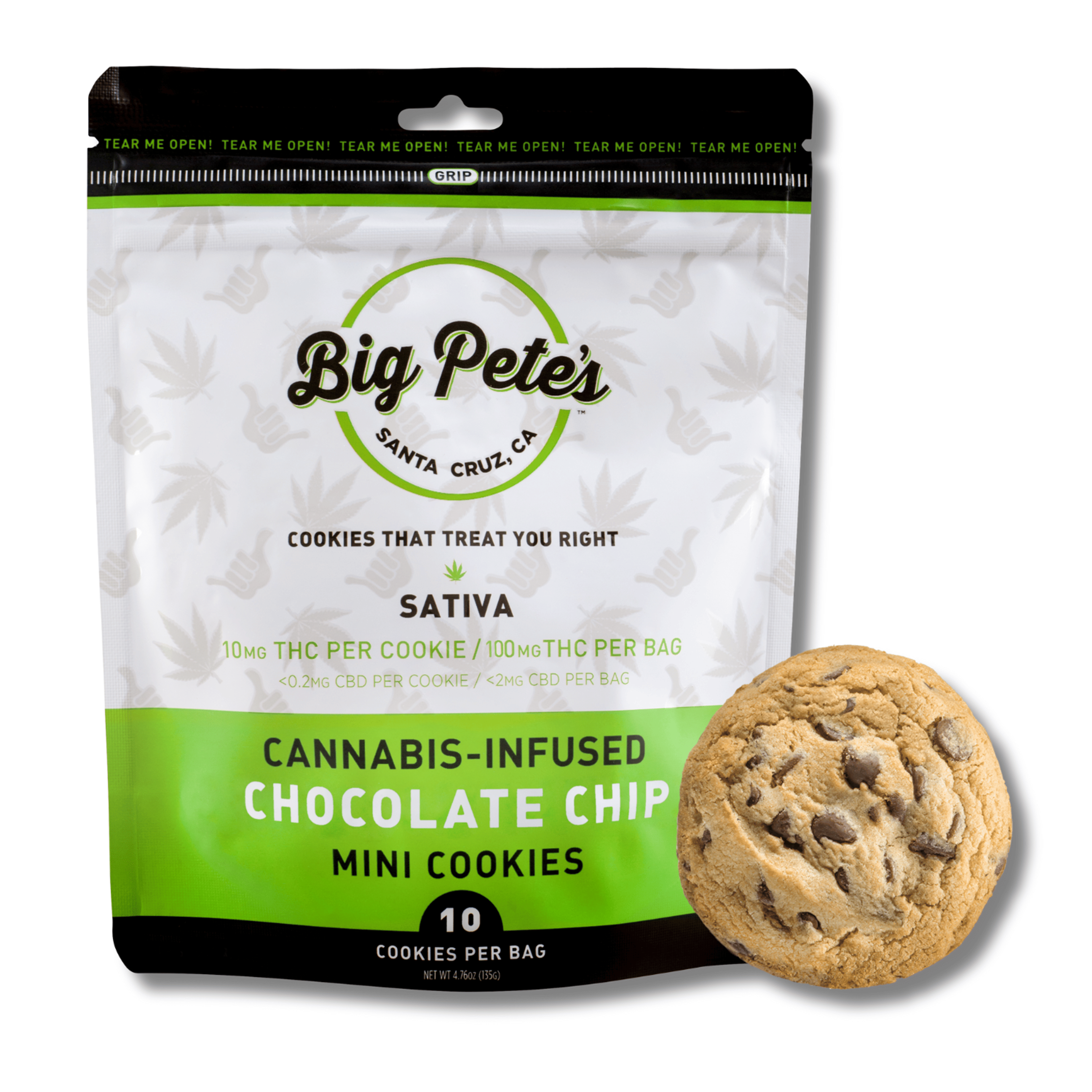 Sativa Chocolate Chip Cookies 100mg 10pk - Big Pete's - - $20.50 - Edible