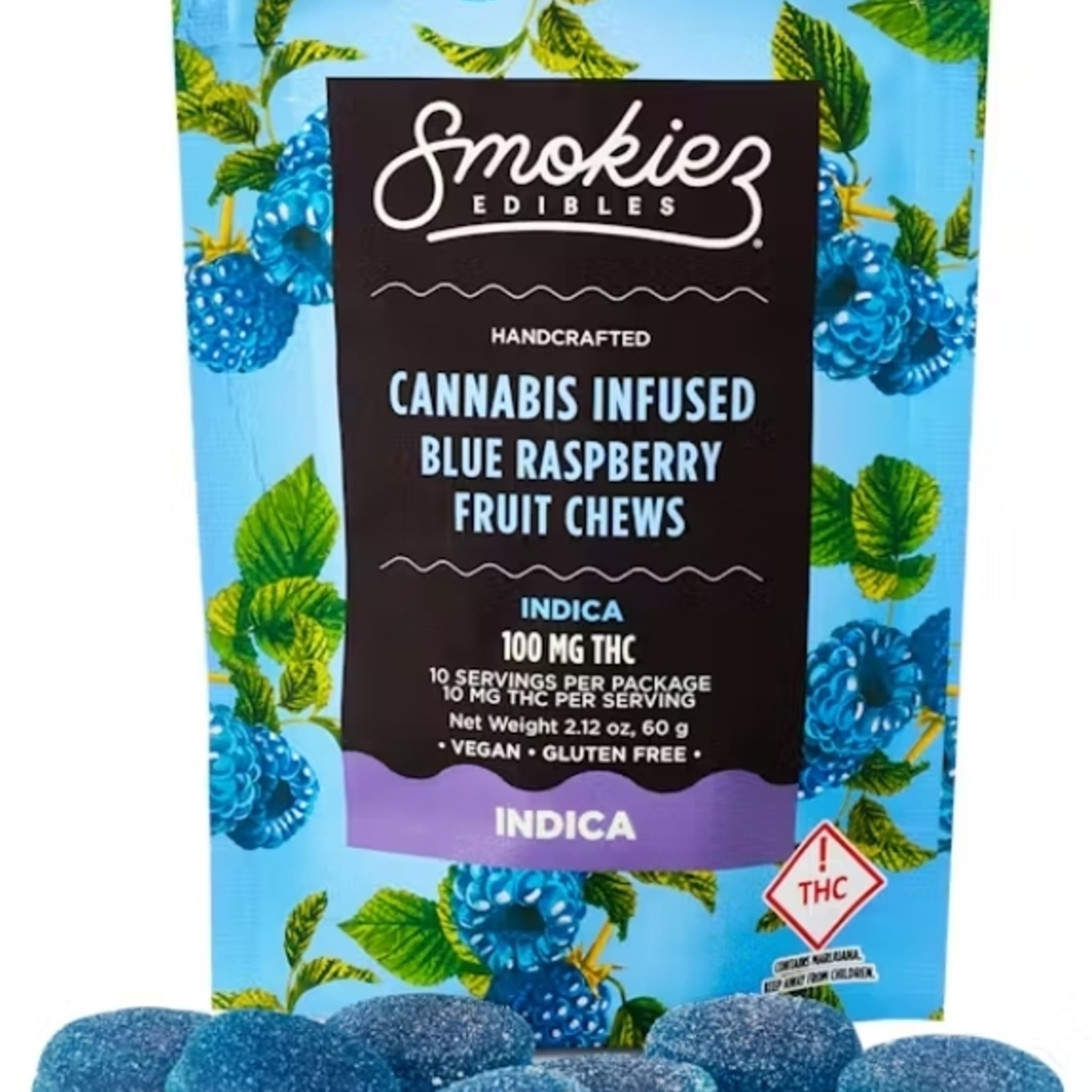 100mg THC Fruit Chews Indica - Blue Raspberry - Smokies - - $24.99 - Edibles