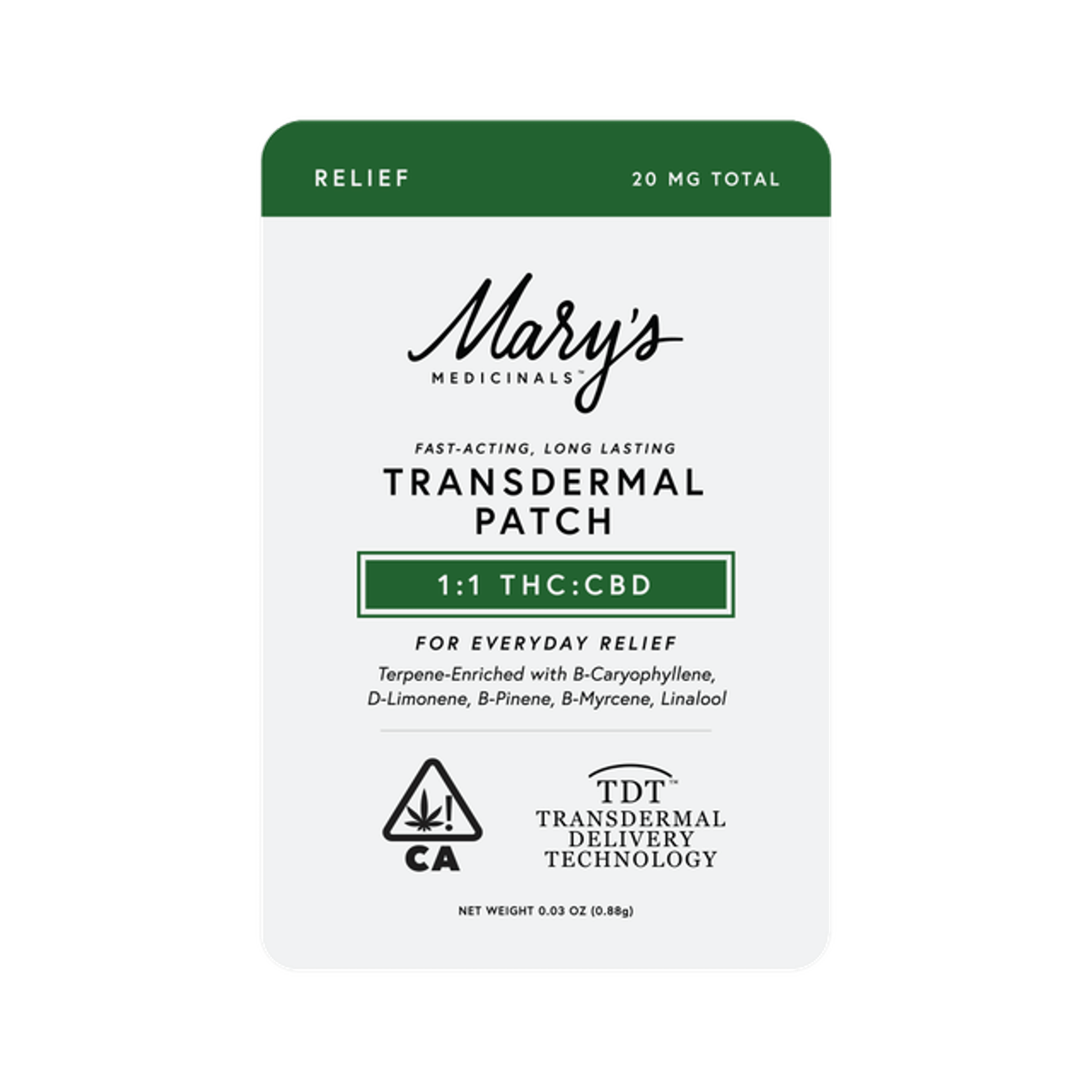 Relief Transdermal Patch - 1:1 CBD:THC *SPECIAL PRICING* - Mary's Medicinals - CBD:THC Relief Patch - $9.80 - Topicals