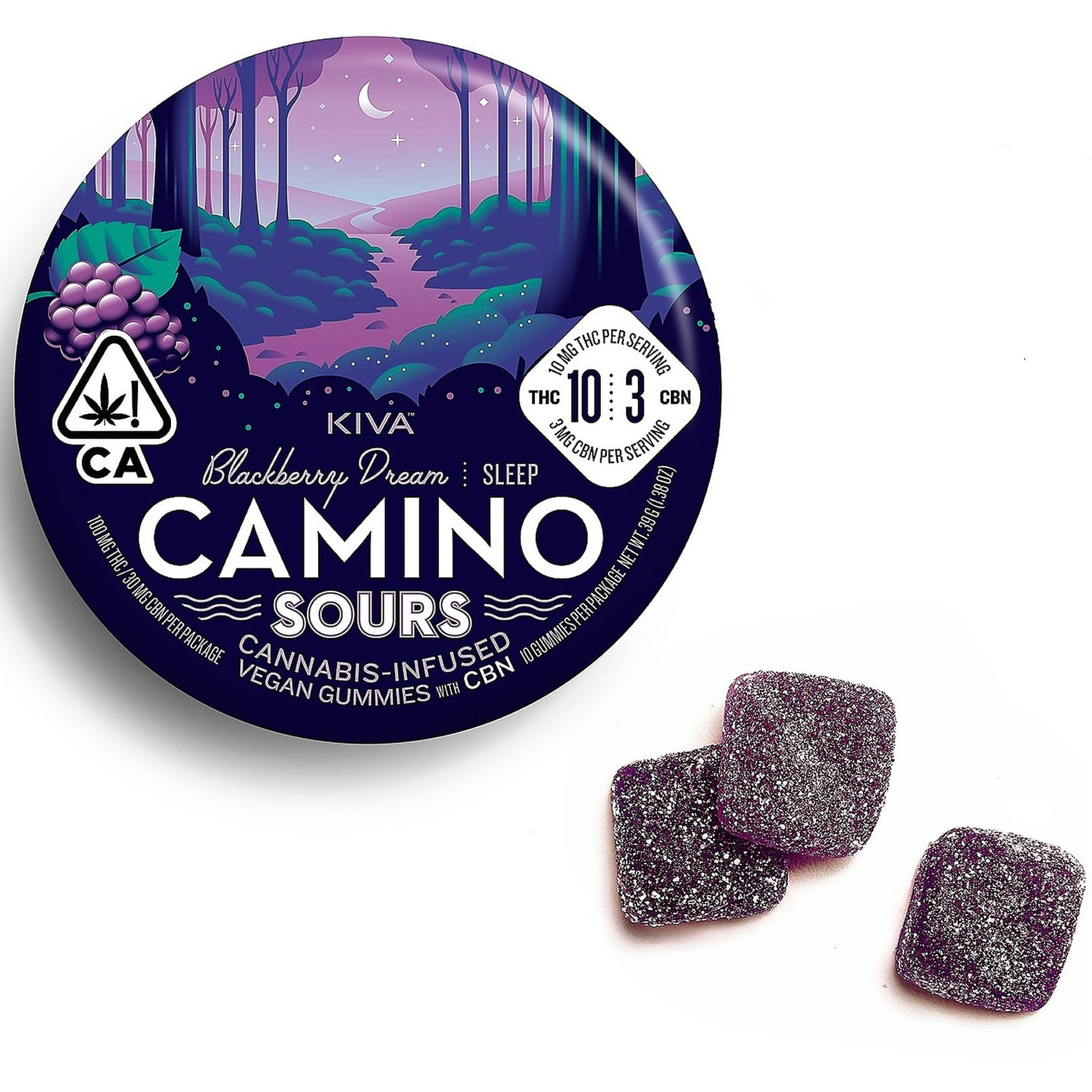 Blackberry Dream 1:1:1 CBD/CBN - Camino Sours - Kiva - Blackberry Dream 1:1:1 CBN/CBD - $19 - Edibles