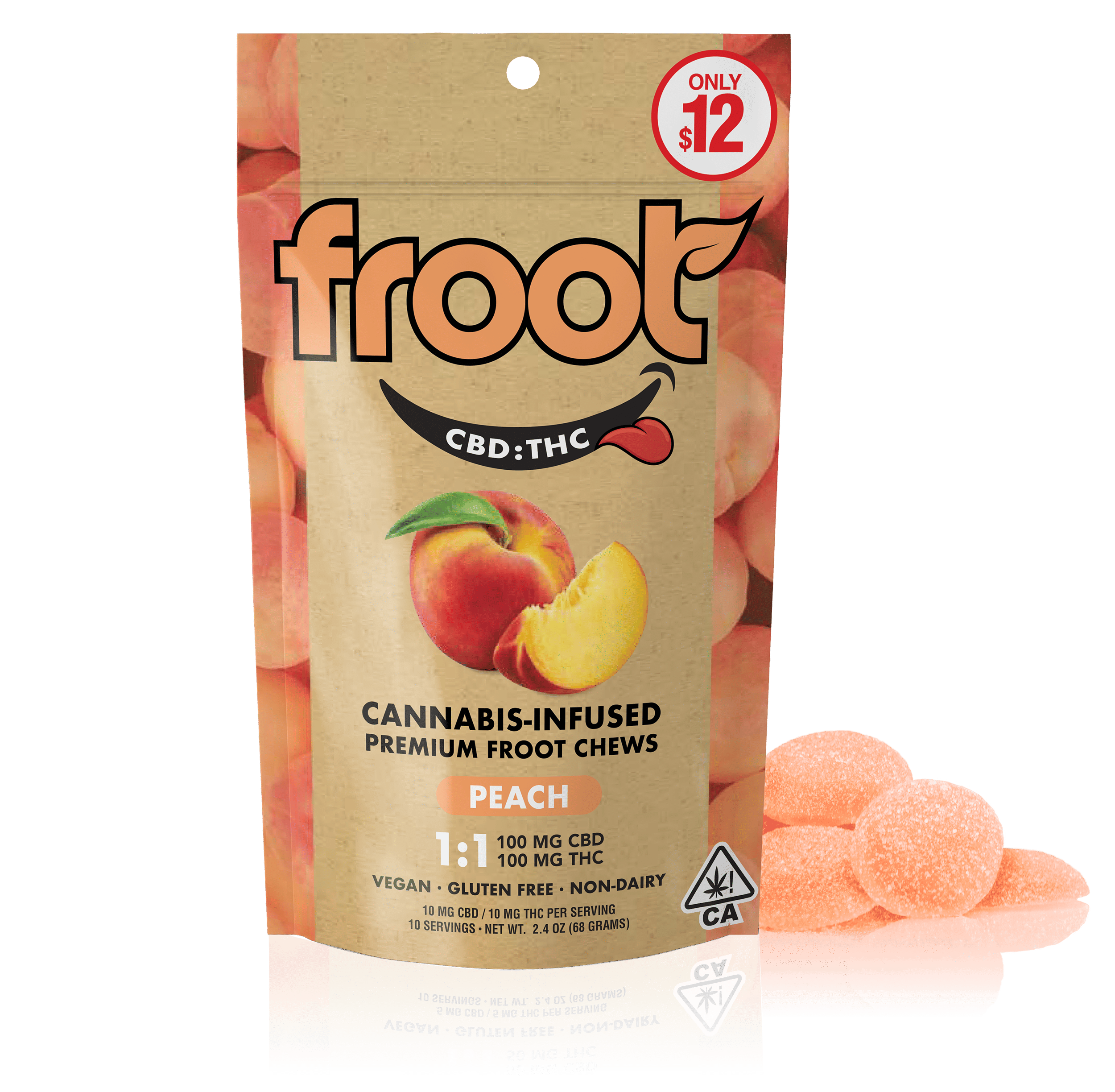 Peach 1:1 CBD:THC Gummies - 100mg CBD: 100mg THC - FROOT -  - $12 - Edibles